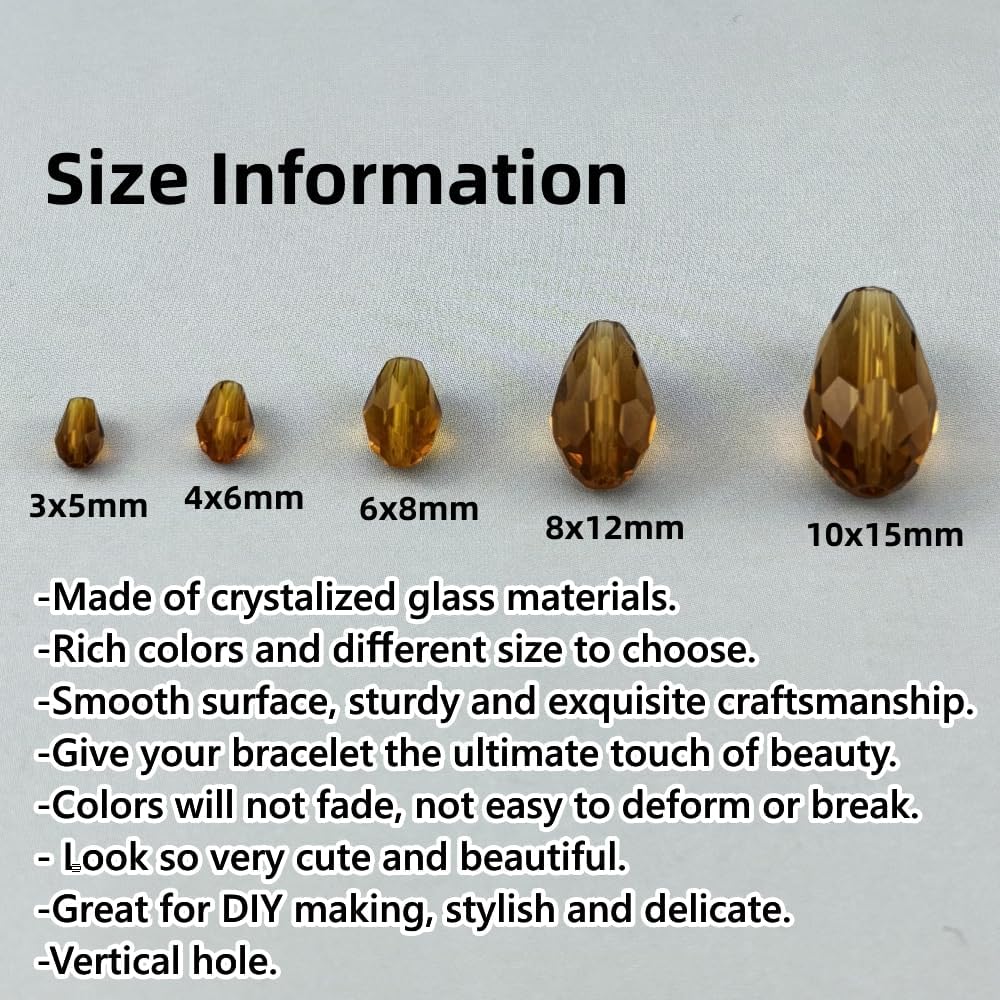 200pcs 3x5mm Teardrop Crystal Glass Beads for Jewelry Making, Faceted Vertical Hole Teardrop Glass Spacer Beads for Wind Chimes Bracelet Earring Necklace DIY Craft(Amber)