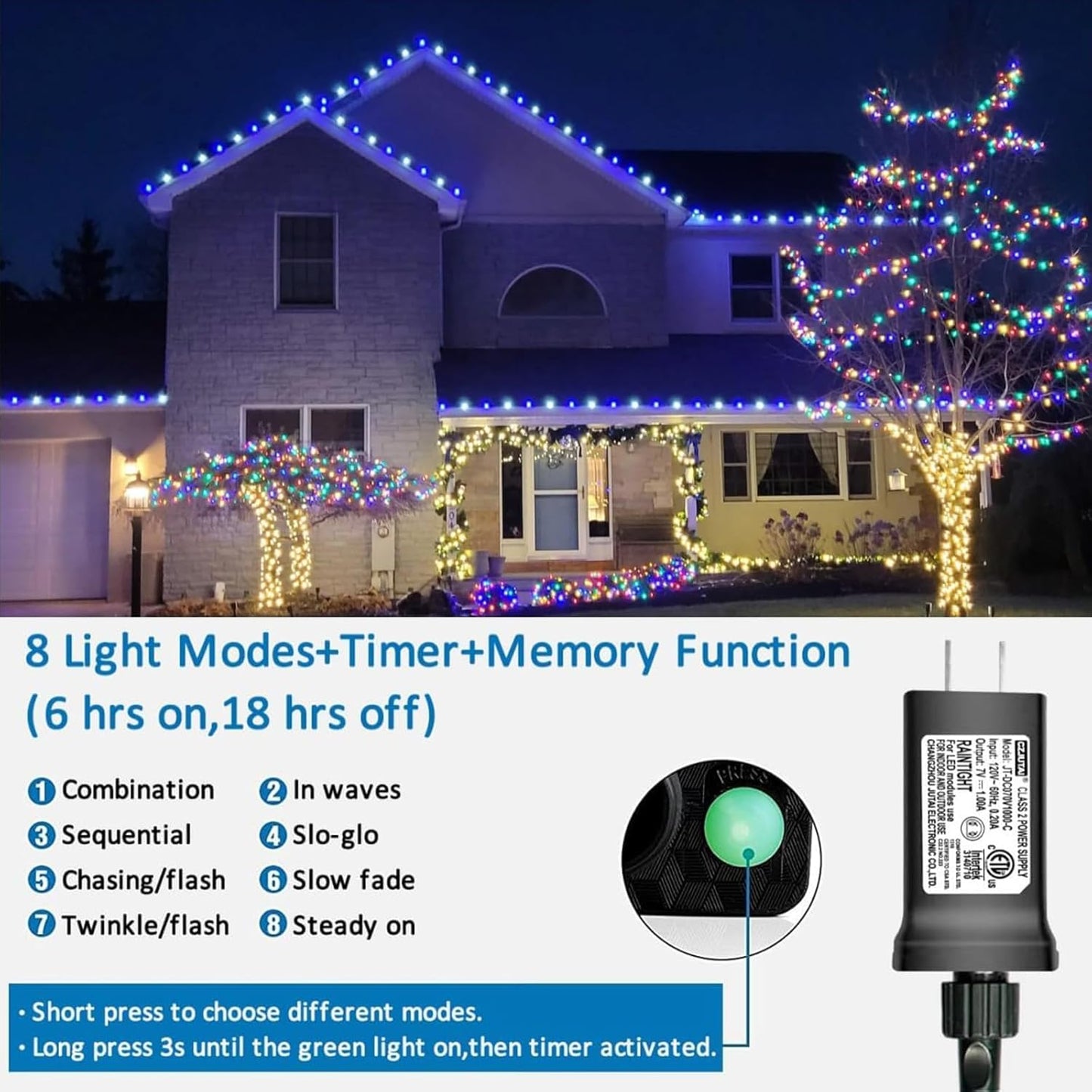 YEGUO 165ft 500 LED Christmas Lights Outdoor Waterproof, Blue and White String Light Indoor, 8 Modes Green Wire Twinkle Tree Lights Plug in with Memory Timer