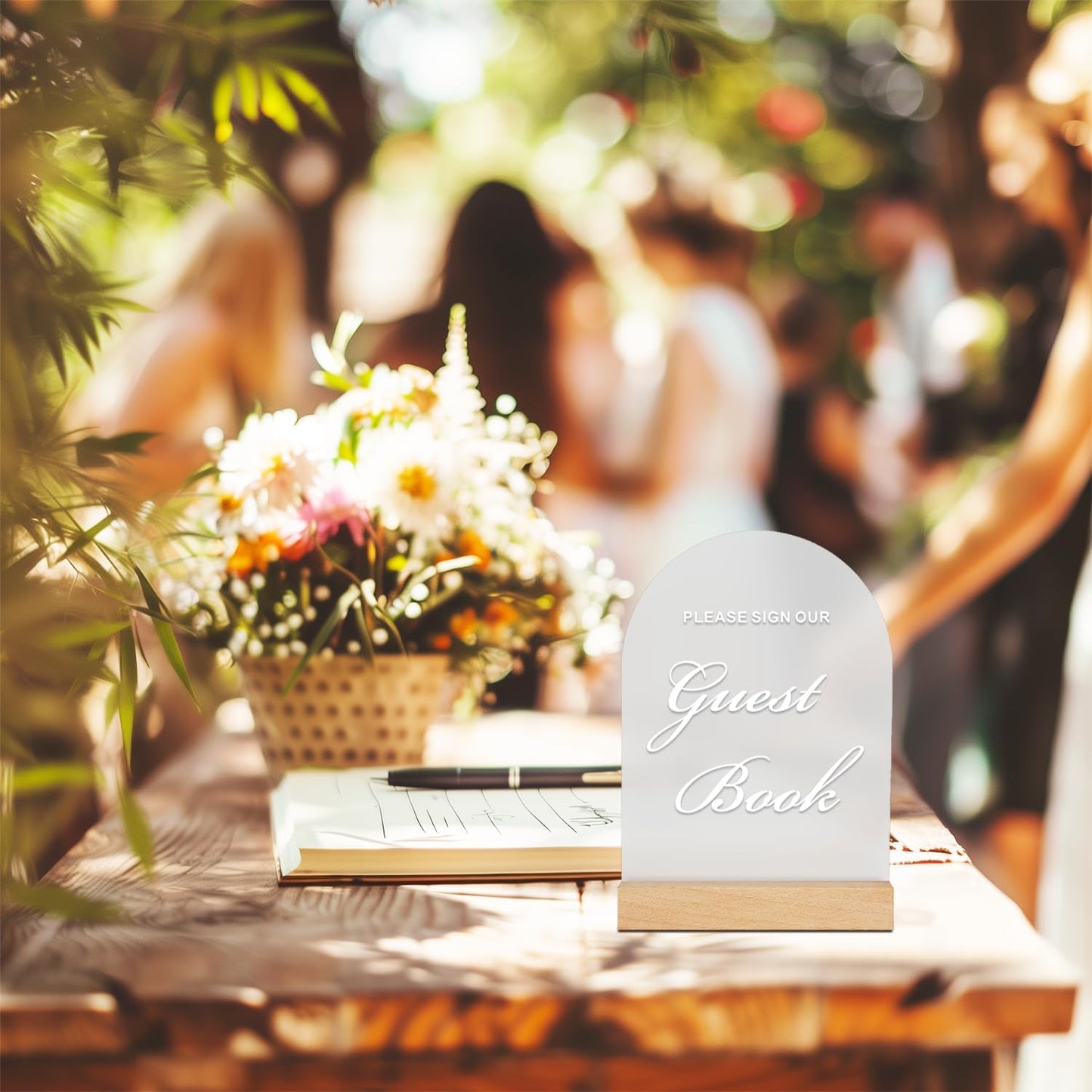 Wedding Guest Book Sign for Ceremony and Reception, Acrylic Wedding Signs with Wood Stand, 5x7" Frosted Arch Please Sign Our Guestbook sign, Perfect for Rustic Wedding Decoration, Party, Anniversary