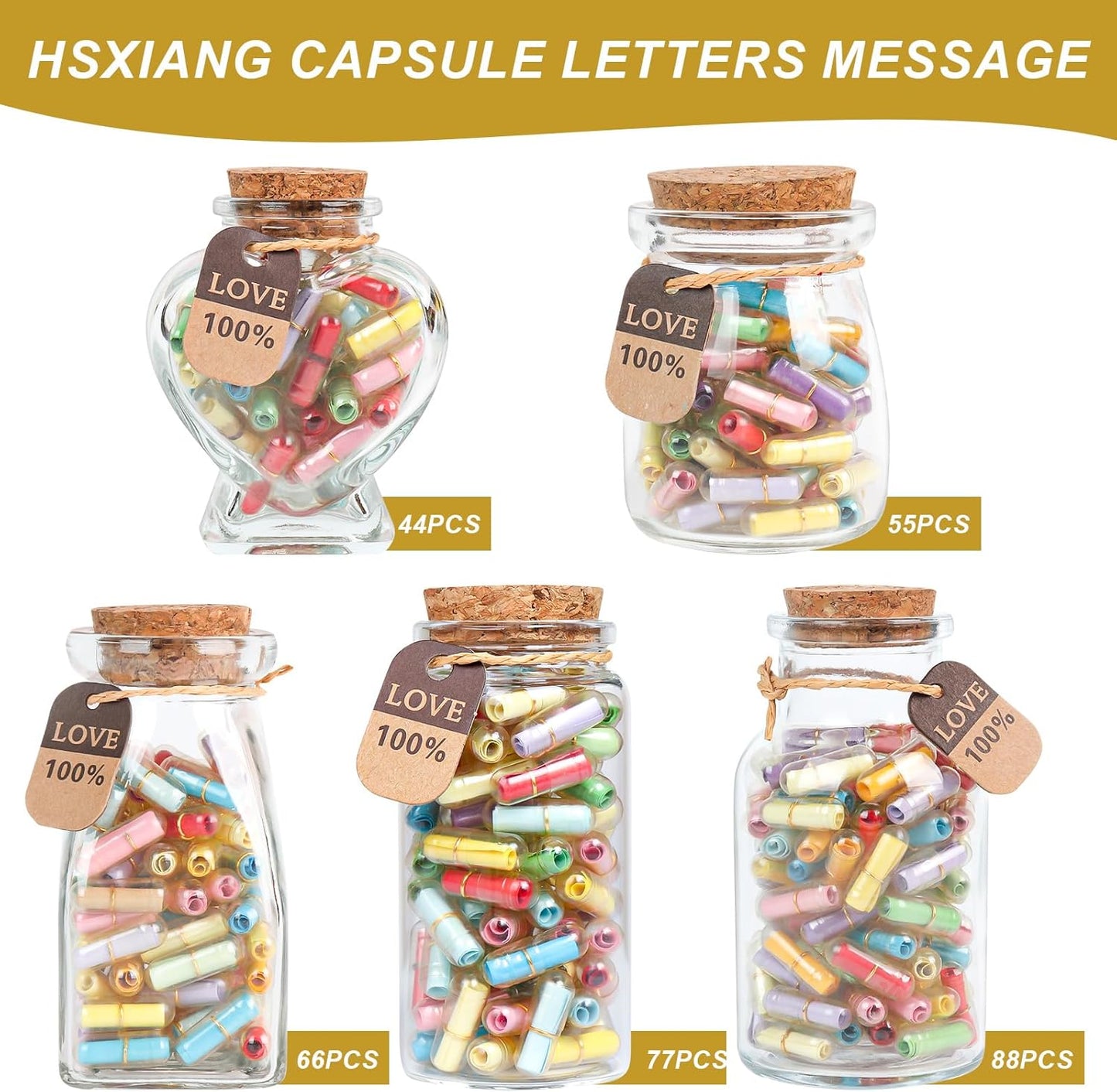 Capsule Letters Message in a Glass Bottle，Message Pills Love Letter Gift for Boyfriend Girlfriend Wife Friend Birthday Christmas Anniversary Valentine Day. (55PCS in a Bottle)