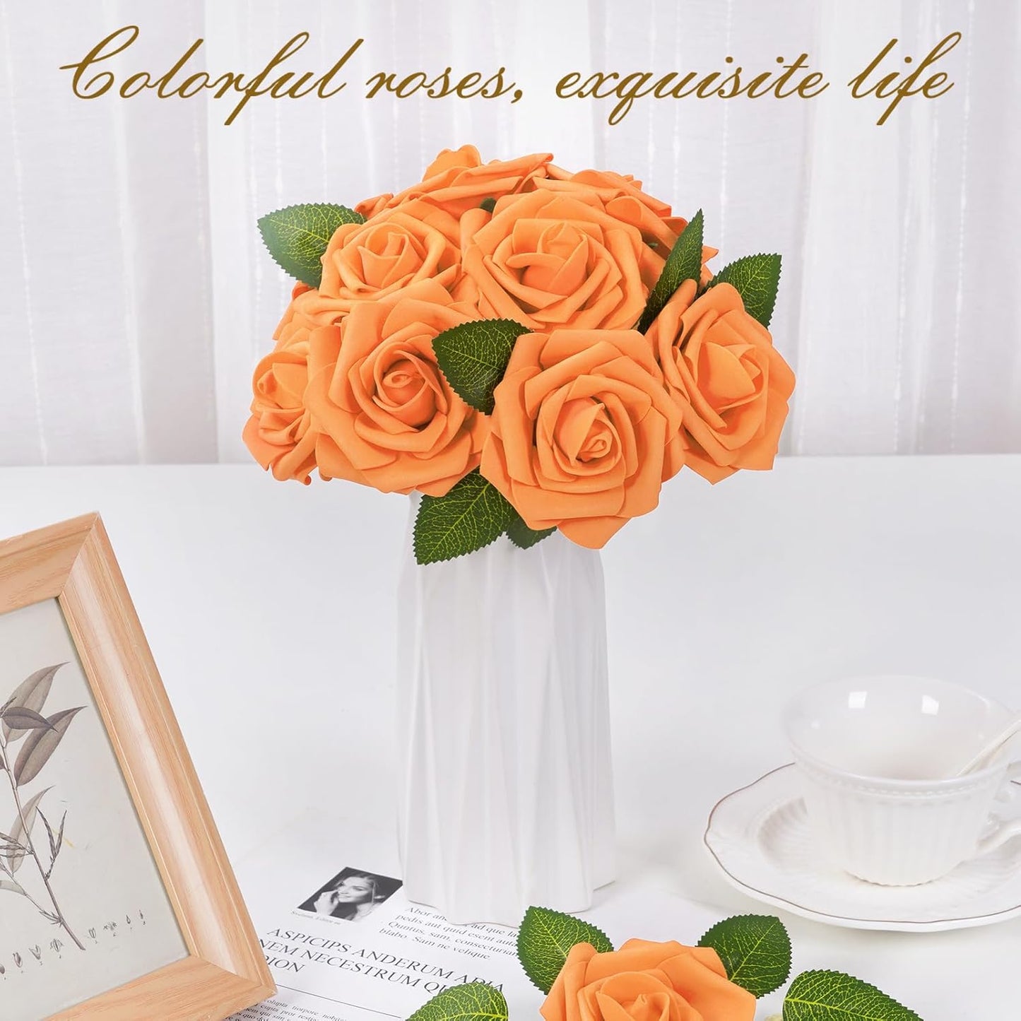 BLEUM CADE 36Pcs Artificial Flowers Fake Roses with Stems, Orange Boxed Foam Roses for DIY Bouquets Centerpieces Wedding Party Arrangement Bridal Shower Decor