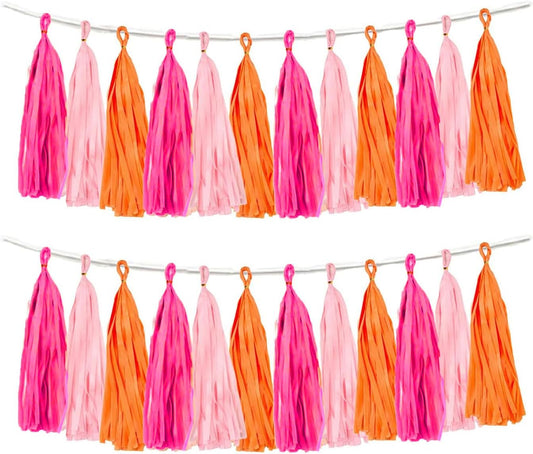 Rose red Pink and Orange Tassel Garland Banner Paper Tassels for Party Decorations,Pack of 15
