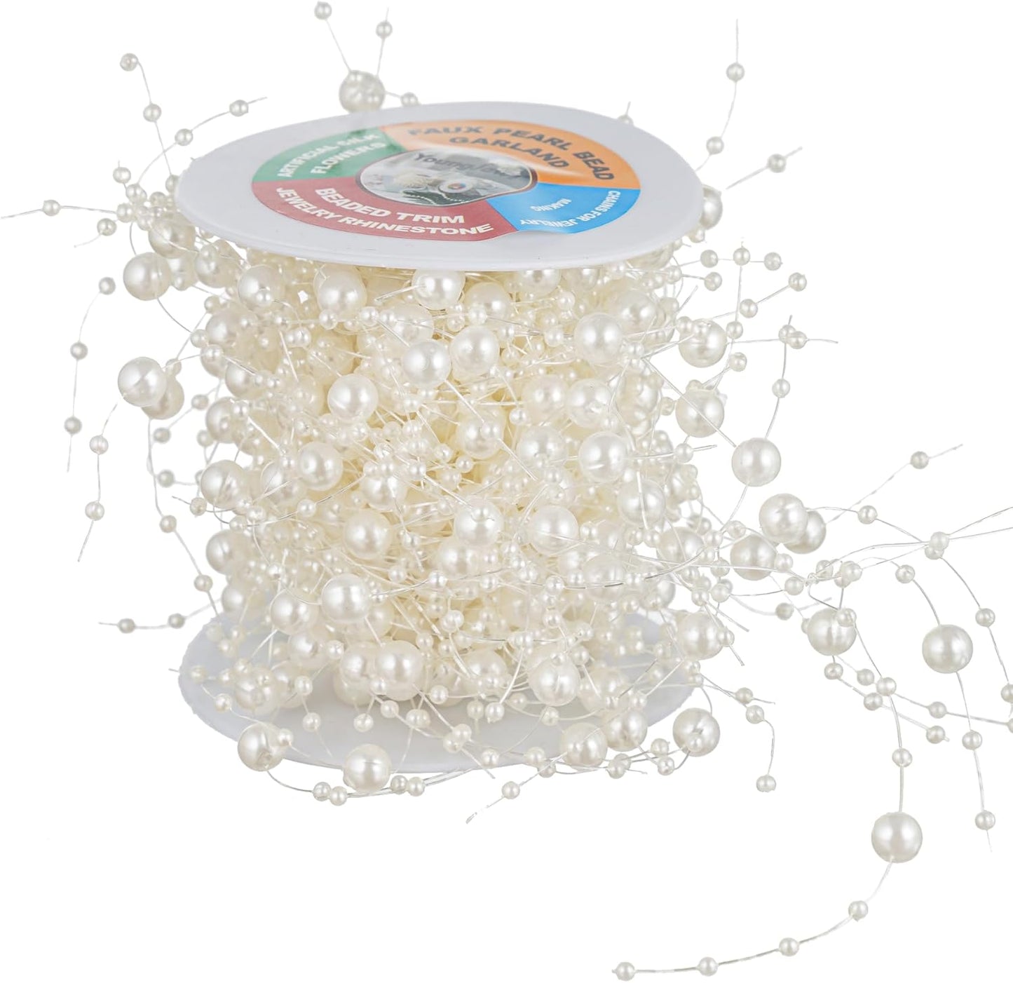 13Feet Pearl String Spool Roll for Floating Candles Faux Pearls Strands Garland for Vase Filler Wedding Centerpiece Christmas Table Decor (Ivory)