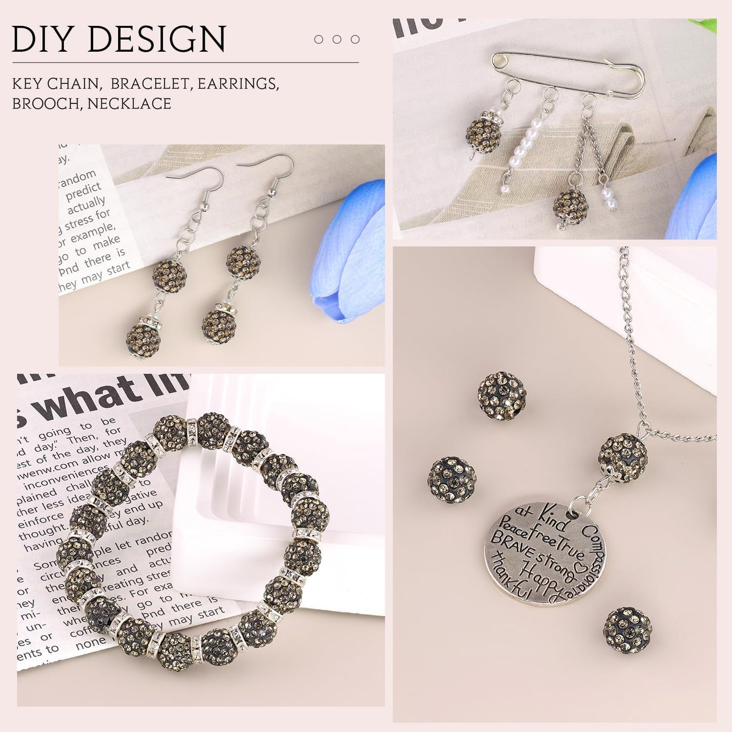200pcs 10mm Gray Rhinestone Beads for Jewelry Making, Shiny Round Shamballa Disco Ball Beads Bulk, Sparkle Crystal Clay Christmas for Bracelet Baseball Necklace Earring Crafting and DIY
