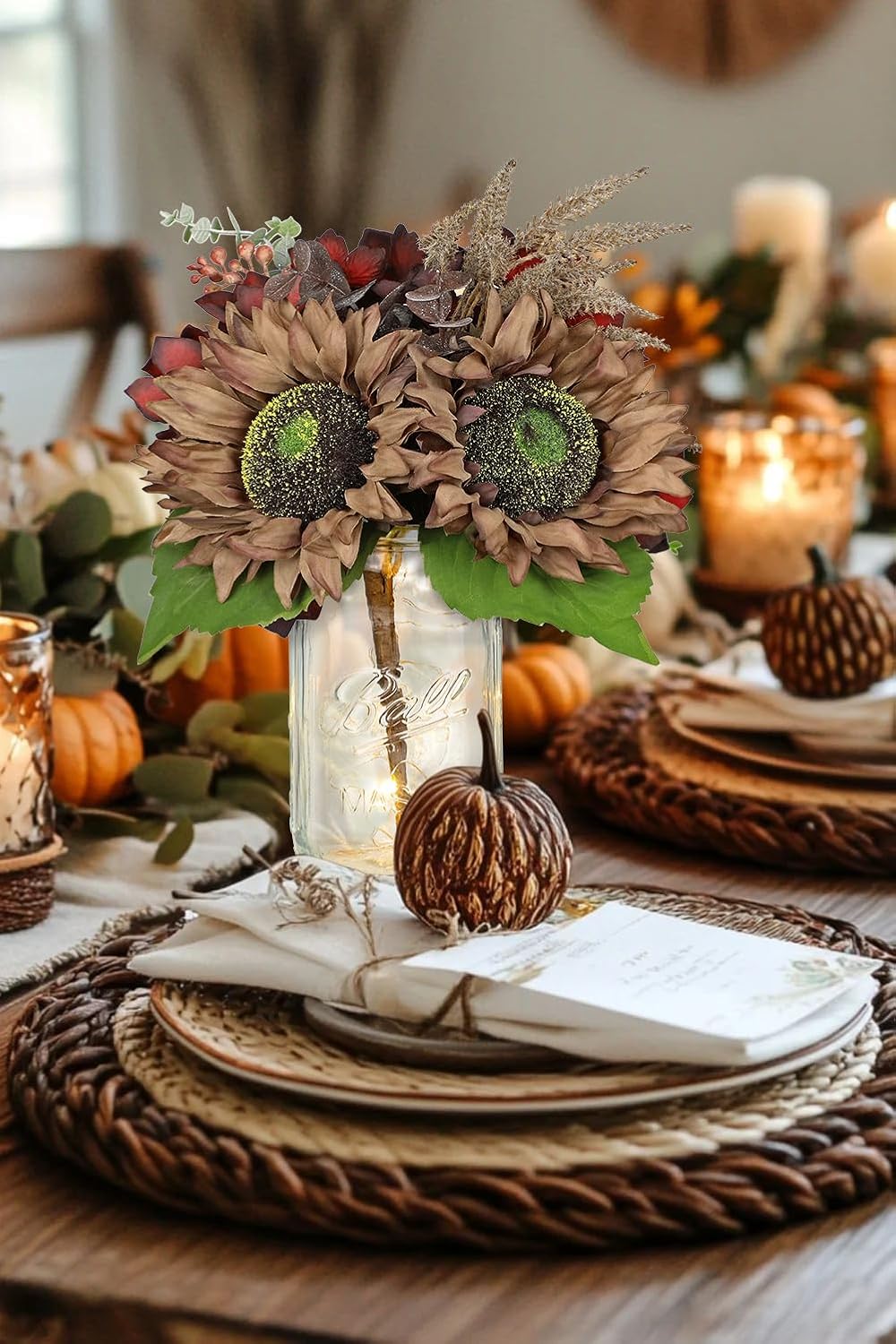 Silk Sunflowers Artificial Flowers with Mason Jar Centerpiece for Table Brown Fall Flowers in Vase Small Fall Floral Arrangement with Vase Thanksgiving Centerpiece for Dining Room Table Autumn Decor