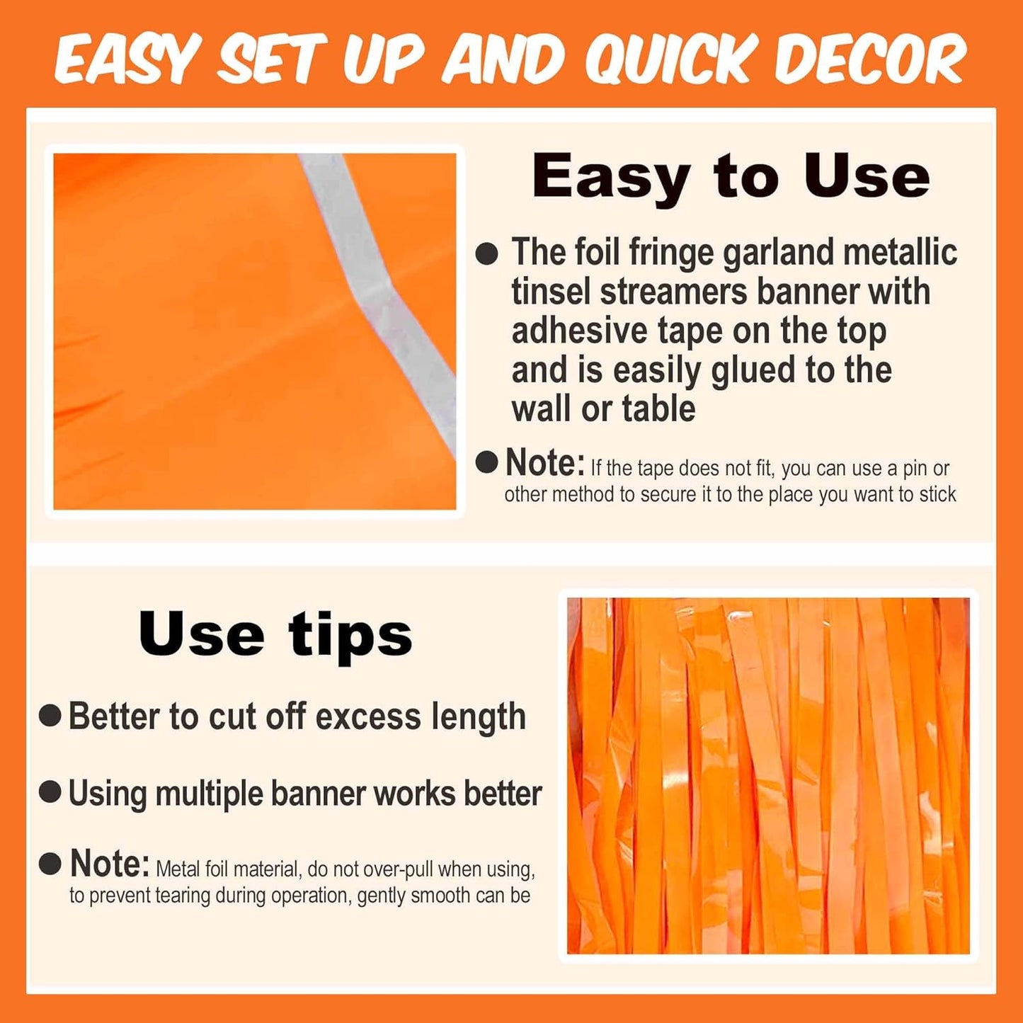 6 Pack 10 Ft Macaron Orange Foil Fringe Garland Metallic Streamers Tinsel Banner Wall Hanging Garland Backdrop for Parade Floats, Halloween, Christmas, Thanksgiving, New Year Party Decorations