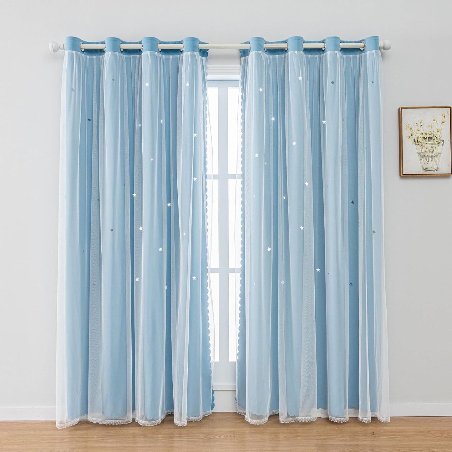 FANLI 2 Panels Star Blackout Curtains for Kid Girls Bedroom Living Room Darking Stripe Double Layer Star Cut Out Wall Home Decor Gradient Grommet Window Curtains (Blue 84L)