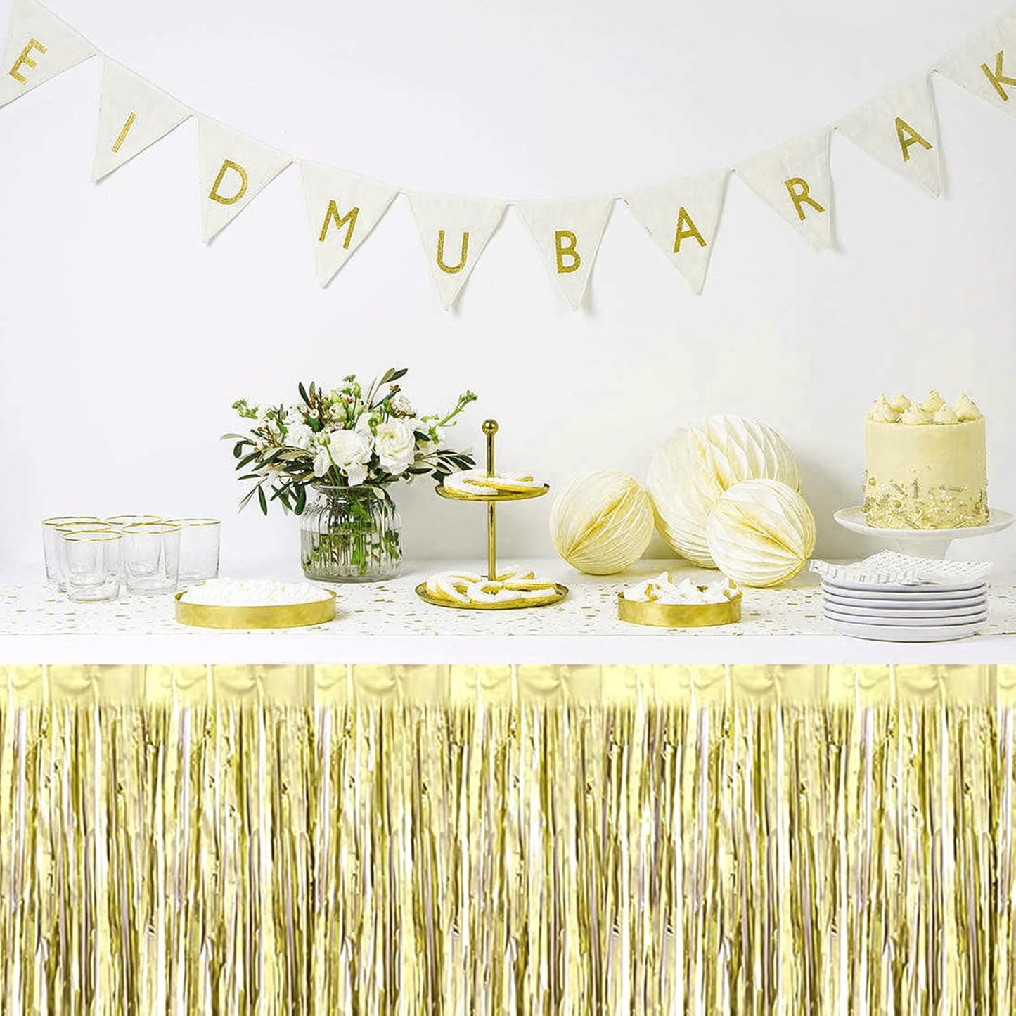 3 Pack 29 x108 Inch Light Gold Foil Fringe Table Skirts Metallic Banner for Tinsel Streamer Garland Backdrop for Parade Floats Wedding Thanksgiving Birthday Christmas New Year Party Decoration