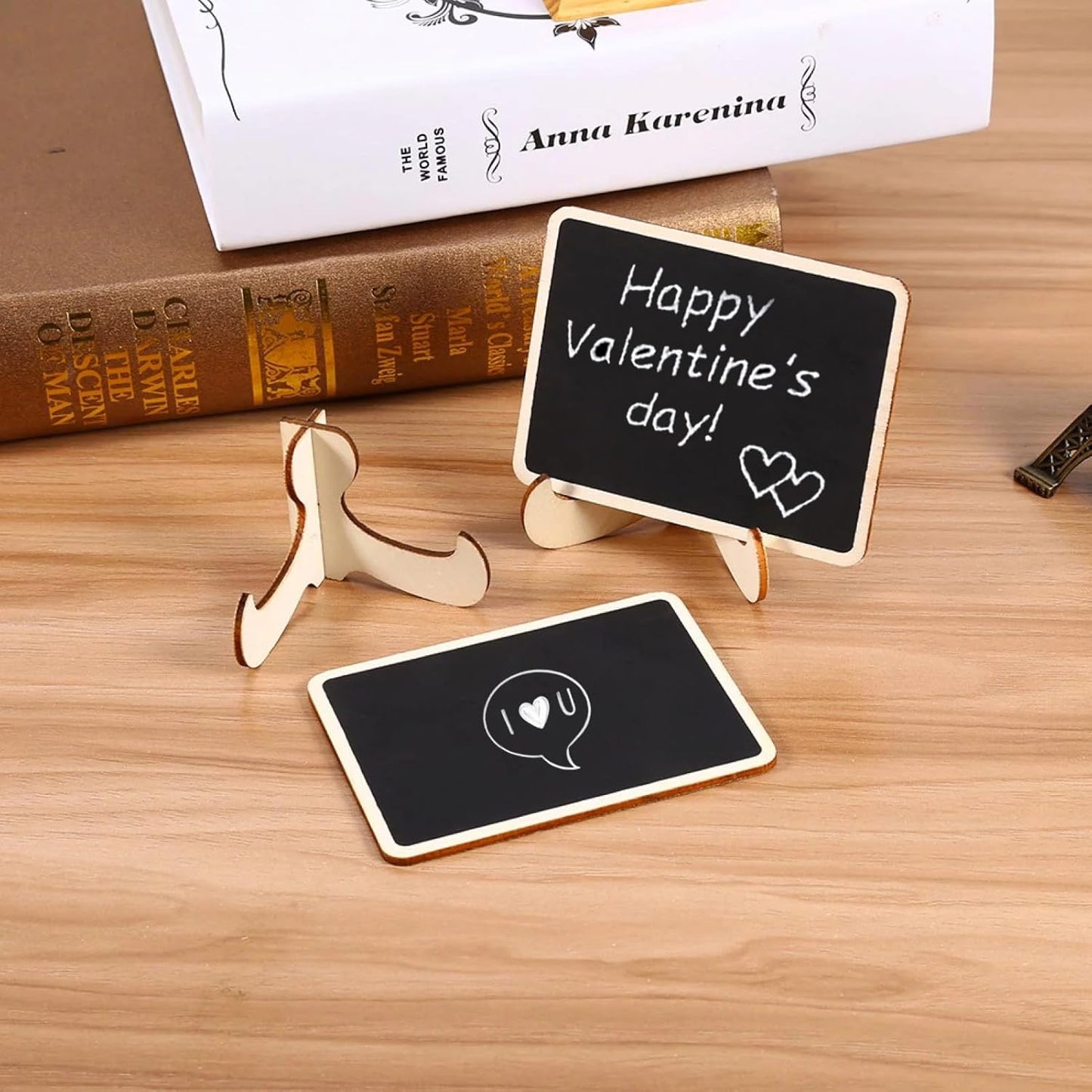 Vintage Wooden Mini Chalkboard Signs - Set of 6 | 4 x 3 Inch Tabletop Chalkboard Sign with Base Stands | Decorative Small Message Chalk Board Sign with 7 Liquid Chalk Markers