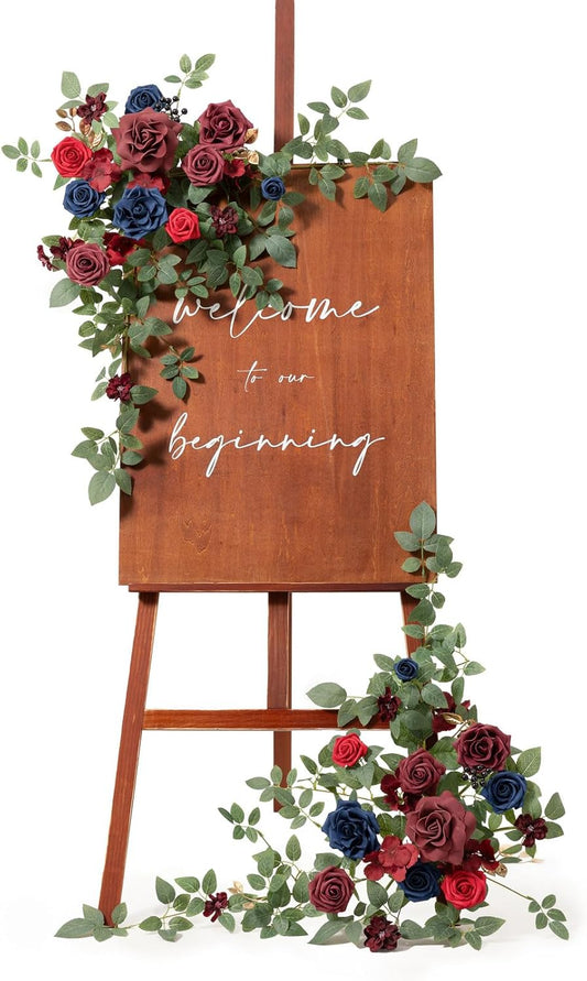 Ling's moment 2pcs Wedding Flowers Garland Artificial Floral Swag Arch Decorations Greenery Arrangements Burgundy & Navy Blue Ceremony Reception Garden Easel Wall Entryway Outdoor NOT Include Sign