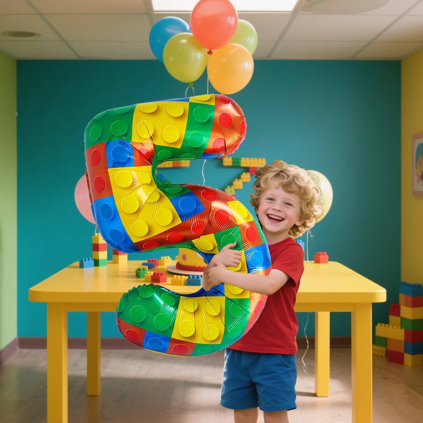 32 Inch Stackable Block Number Balloon – Colorful Brick Building Themed Big Helium Digits for Kids Birthday Party Decorations (Building Block, Number 5)