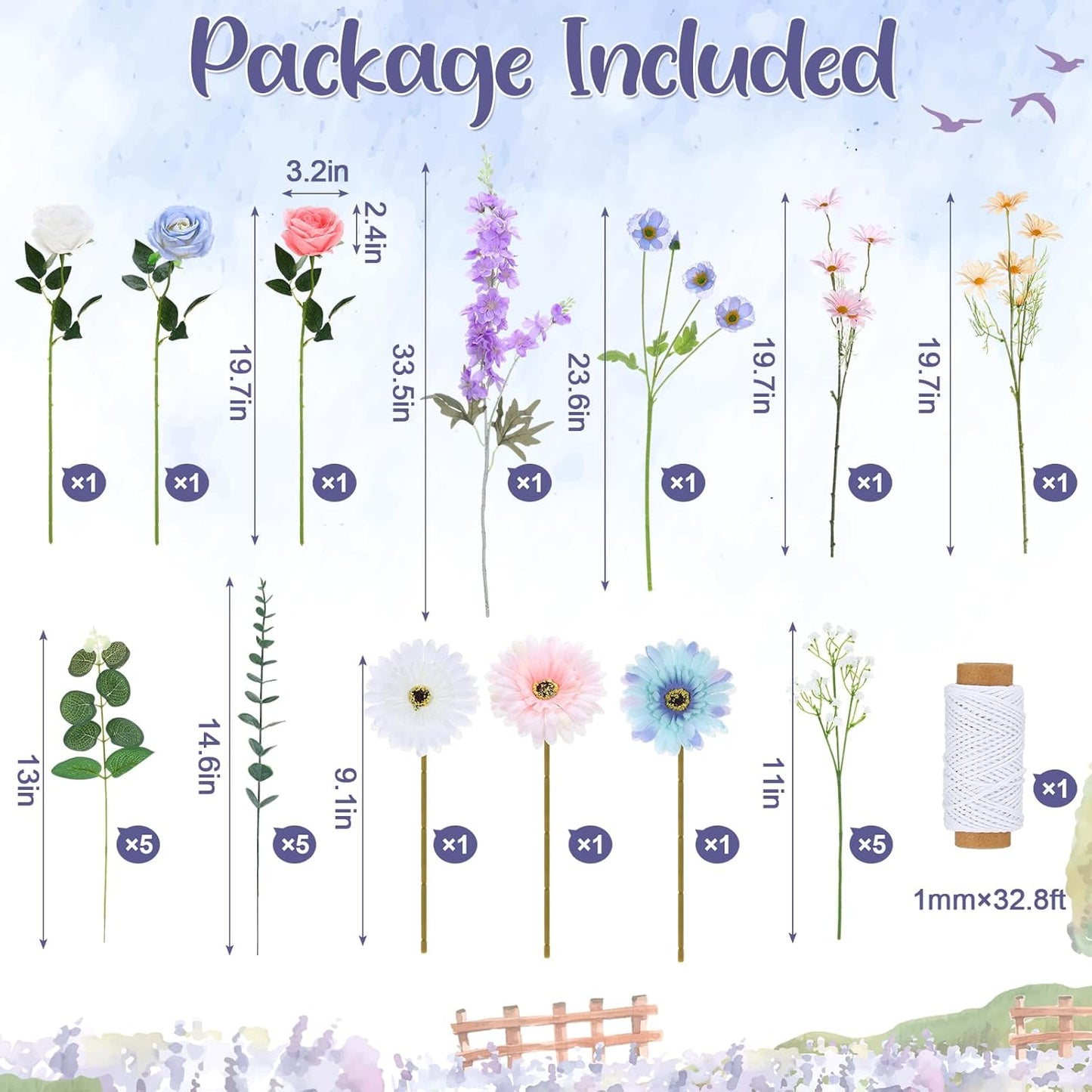 Hoteam 26 Pcs Pcs DIY Flower Garland Artificial Hanging Wildflower Backdrop Set Fake Rose Eucalyptus Daisy Poppy Wild Flower Decor for Wedding Party Birthday Home Garden (White,Blue,Pink)