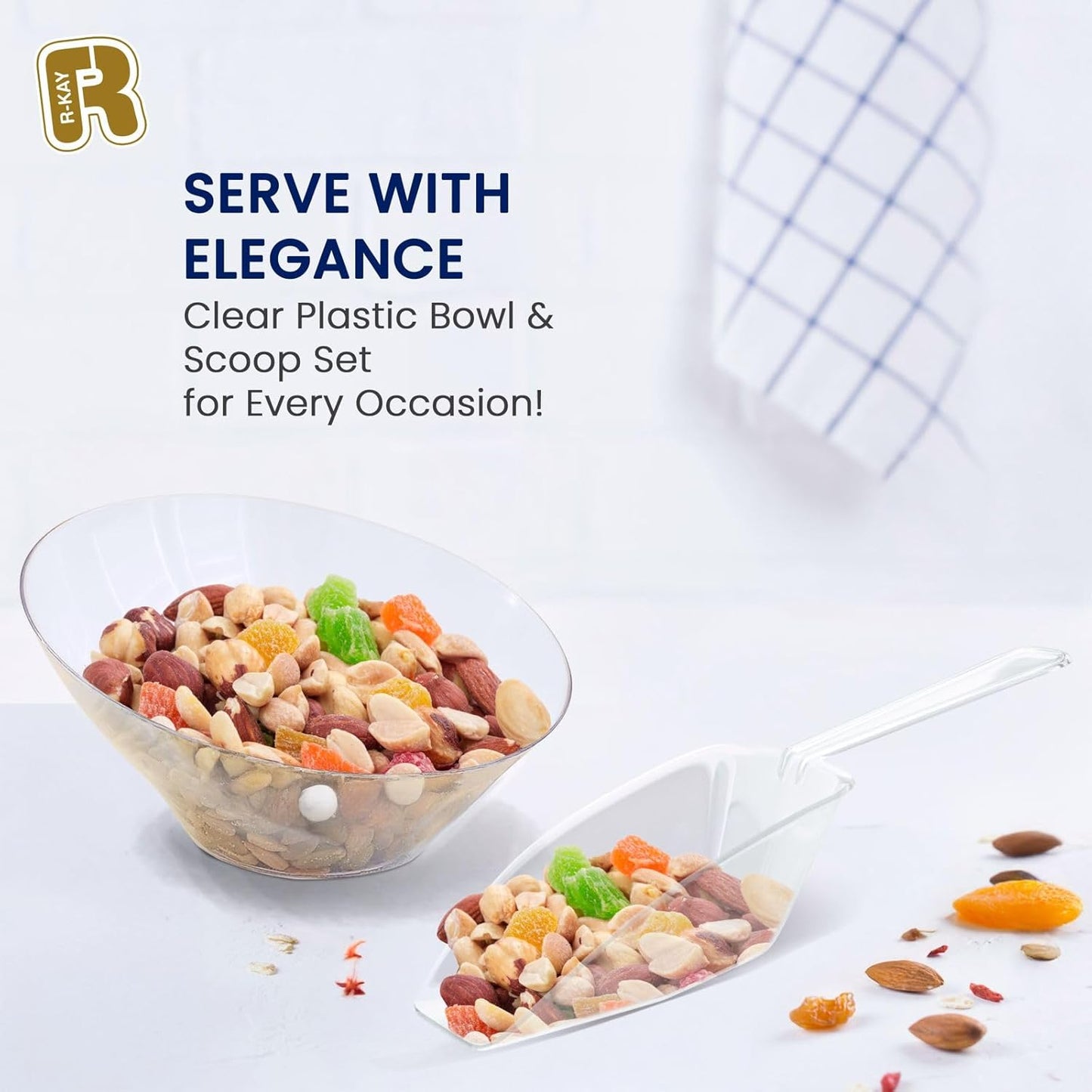 R-kay 16 Pcs Candy Bowls And Plastic Scoops Set - 8 Clear Plastic Candy Bowl 20 Oz And 8 Scoop 6.5 Inch Buffet Containers Set Heavy Duty