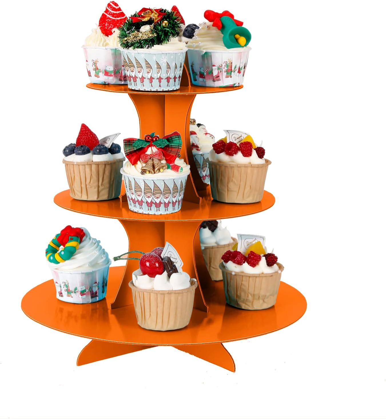 3-Tier Cupcake Stand, Cake Stand holder, Tiered DIY Cupcake Stand Tower for Dessert Table Displays, Birthday Theme Party Favors Decoration, Floral Tea Party, 12" W x 12.8" H, Orange