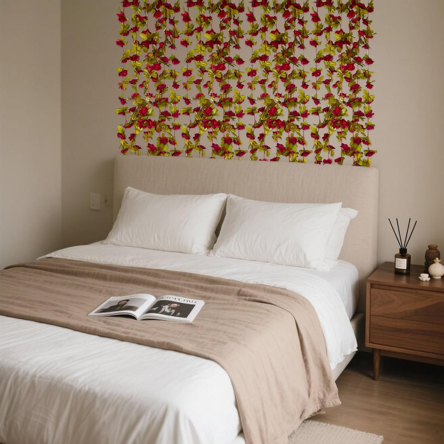 8Pcs 63Ft Burgundy Rose Garland, Fake Rose Hanging Flowers, Artificial Flower Vine, Hanging Floral Vine Garland for Wedding, Birthday Party, Wall Arch, Halloween, Christmas Garden Backdrop Decor