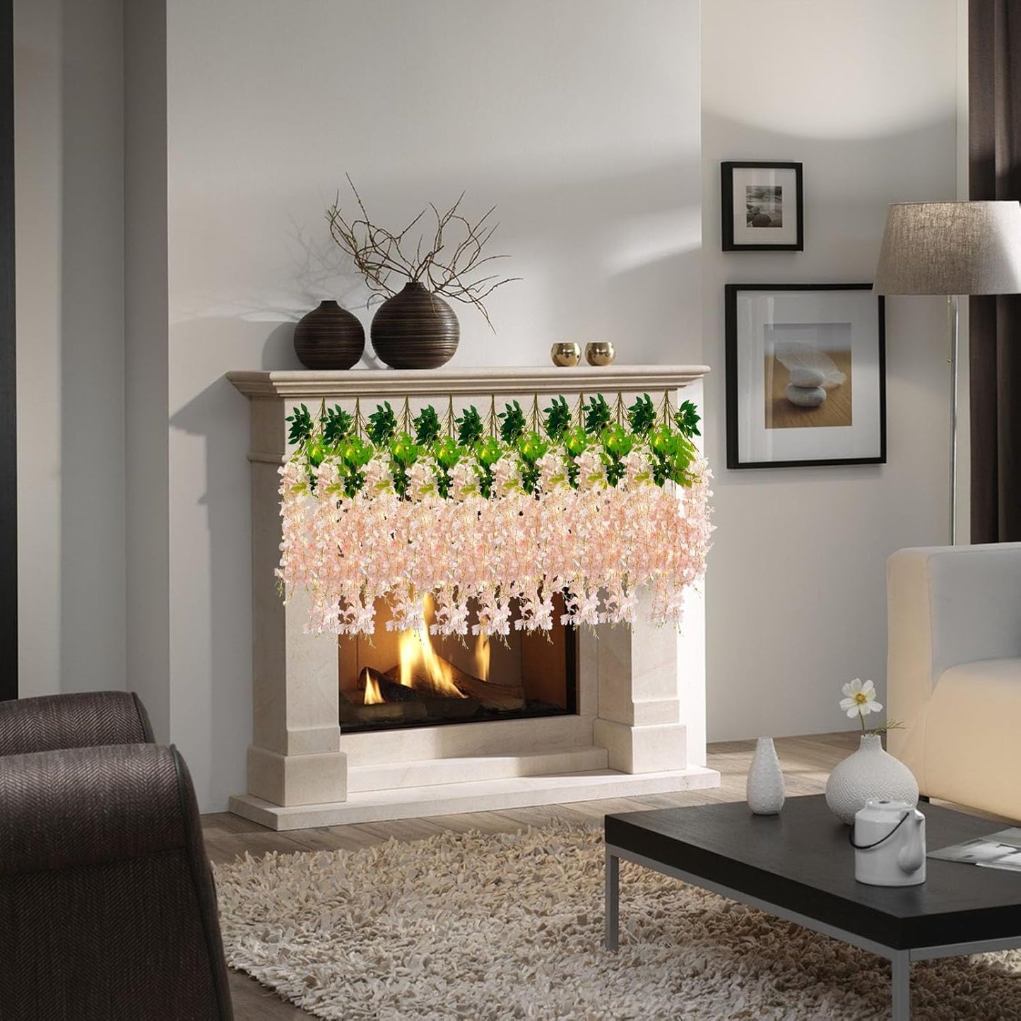 12 Pack Light Pink Wisteria Hanging Flowers Garland with Lights, 3.44 Feet Artificial Flower Vines, Fake Wisteria, Artificial Vines Hanging Garland for Backdrop Outdoor Patio Garden Decor