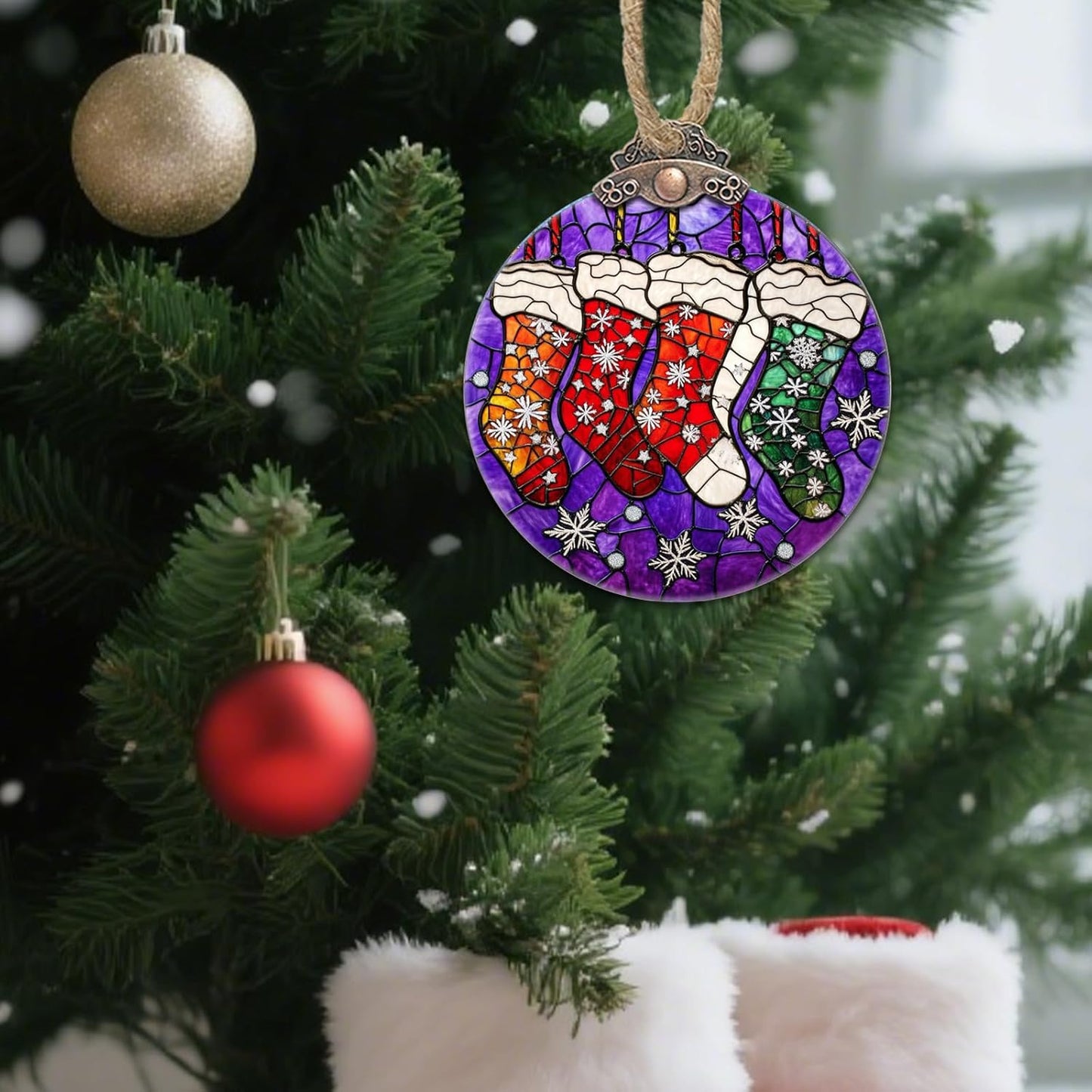 Stained Glass Christmas Decorations, Colorful Socks Suncatcher for Window Christmas Tree Hanging Ornaments Silver Snowflake Sun Catcher Xmas Decor Gifts for Women Men Mom Nana Friend