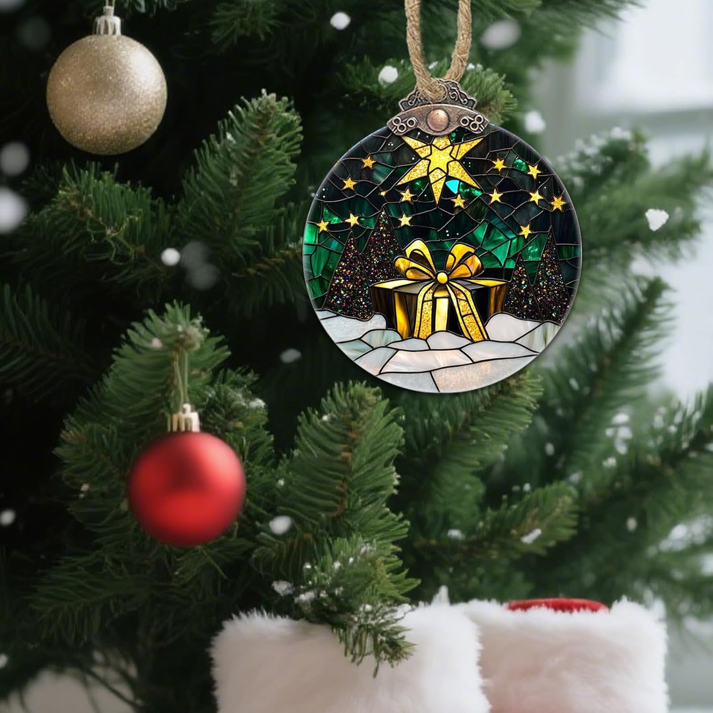 Stained Glass Christmas Decorations, Gold Star Suncatcher for Window Christmas Tree Hanging Ornaments Green Winter Night Scene Sun Catcher Xmas Decor Gifts for Women Men Mom Nana Friend