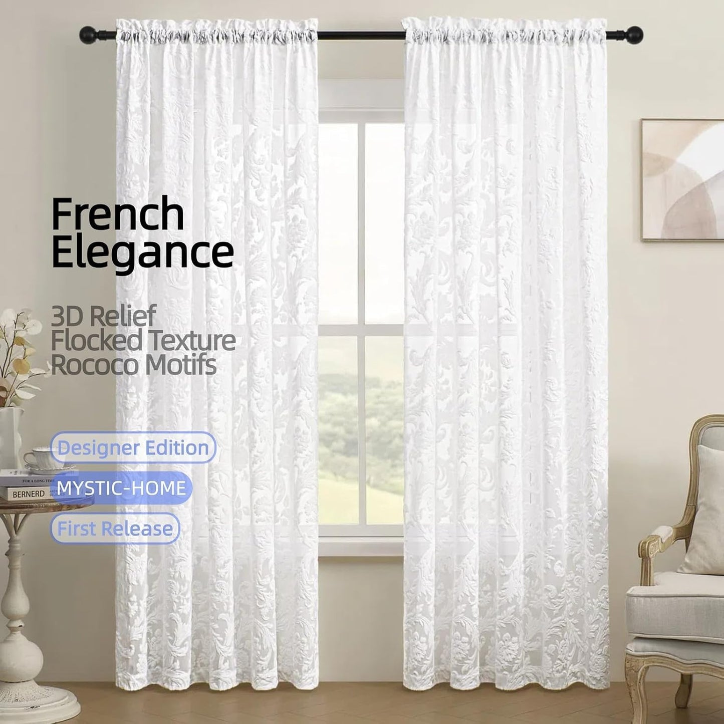 Sheer Curtains 84 Inch Length for Living Room & Bedroom Rod Pocket Boho Farmhouse Drapes with Scroll Floral Patterned 3D Flocked Texture & Rococo Motifs White Sheer Curtain Set of 2 Panels 52"W*84"L