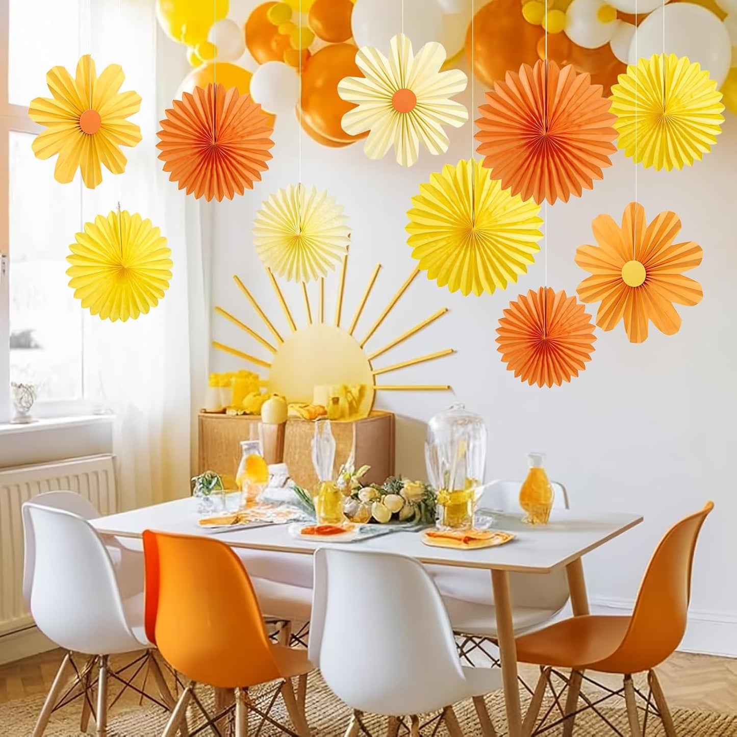 11PCS Paper Flowers Decorations for Wall Daisy Paper Fans Classroom Decoration Paper Orange Backdrop Decor Hanging Paper Fans for Birthday Baby Shower Indoor Spring Deco