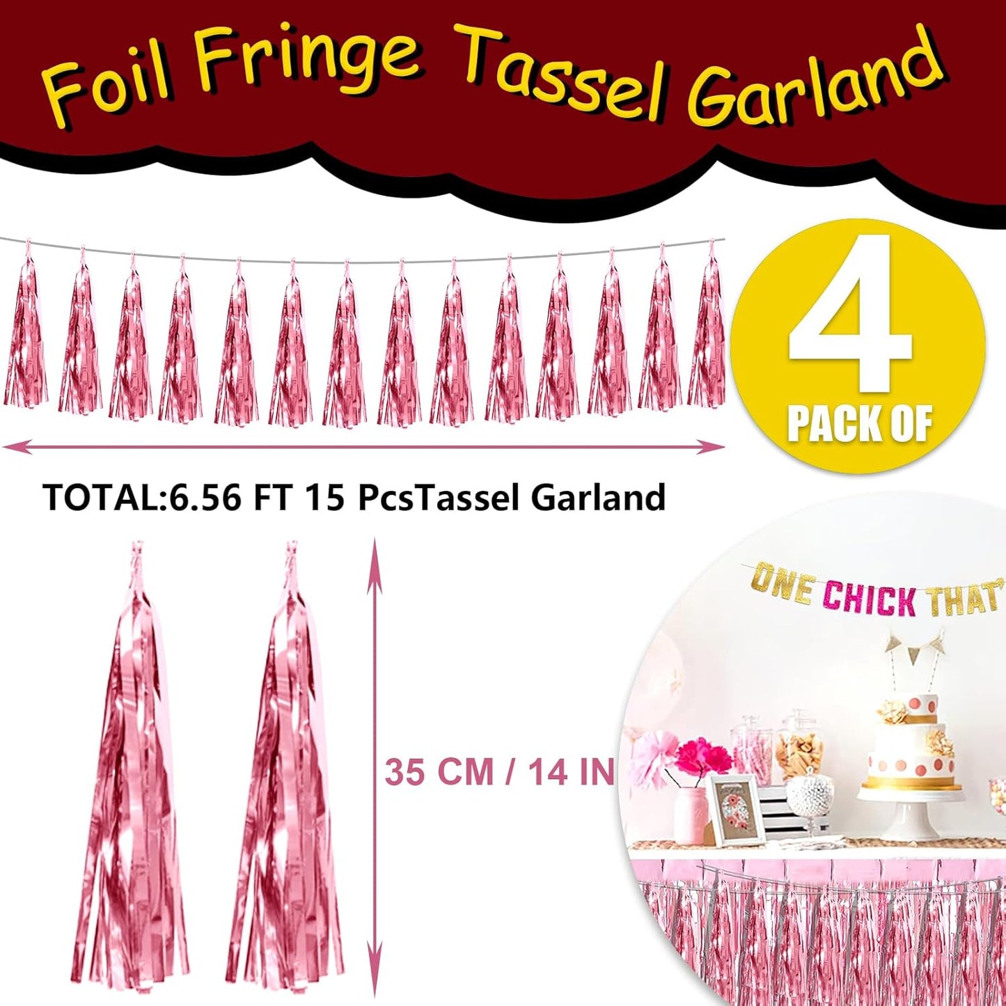 4P Pink Foil Fringe Tassel Banner Garland Metallic Tinsel Streamers Wall Hanging Curtain Backdrop Banner for Parade Floats, 2024 Graduation Decorations, Wedding Party Decoration
