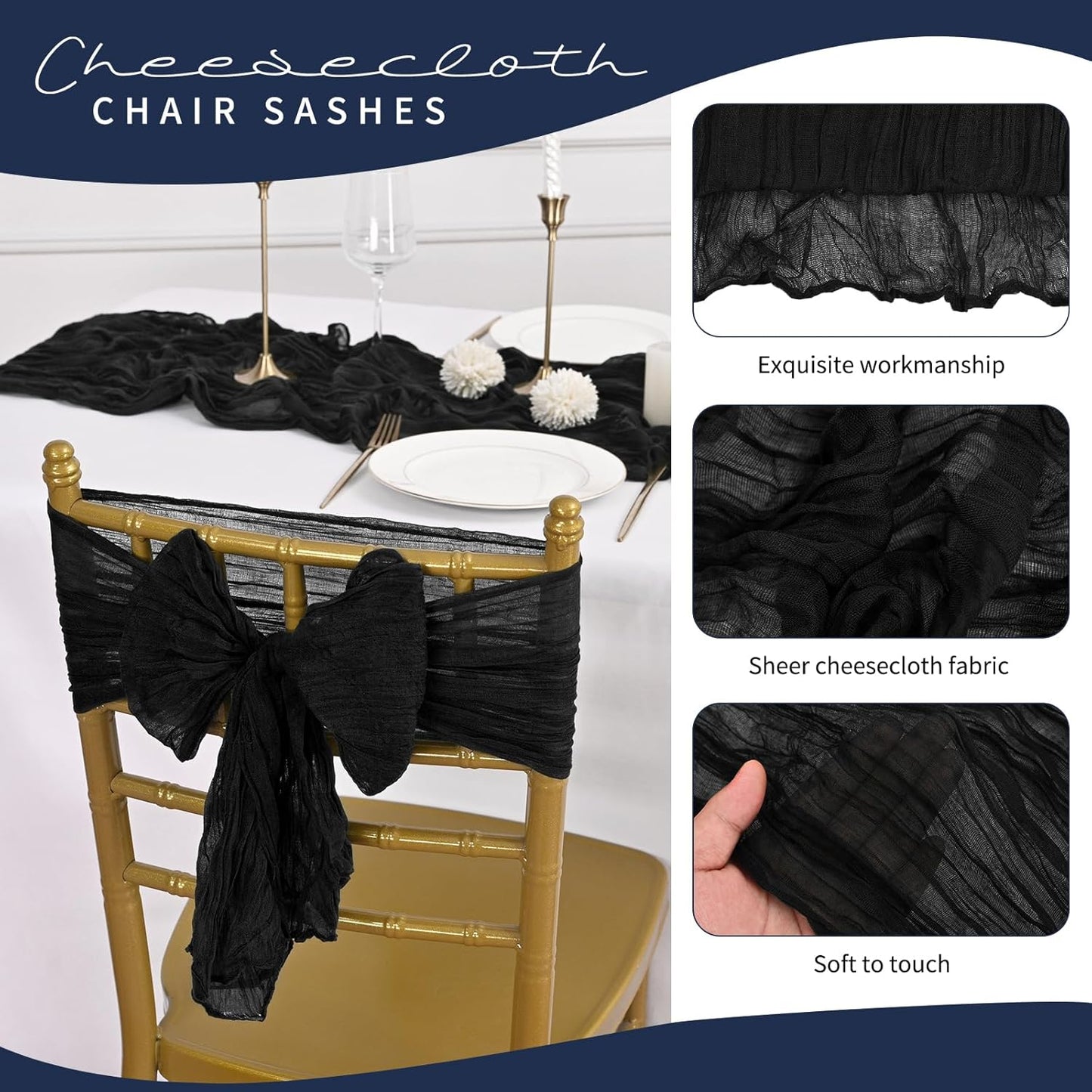 50 PCS Cheesecloth Chair Sashes, Bows Designed ChairSashes, 15.7x70 inch Chair Sashes for Aisle Decorations Universal Chairs Cover Decoration for Wedding Reception Party Banquet (Black)