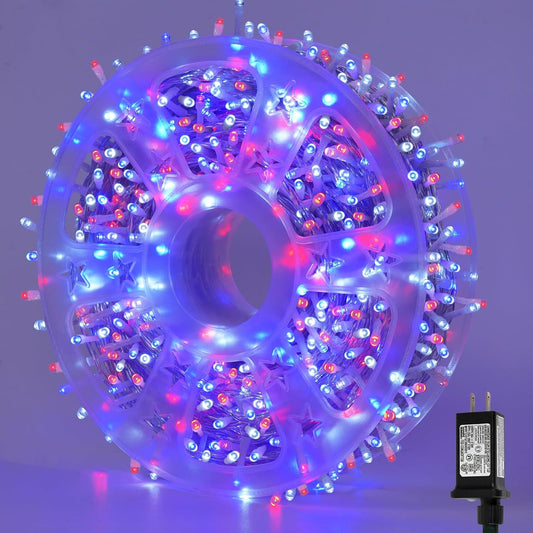 YEGUO 165ft 500 LED Red White and Blue Lights, 4th of July Decorations String Lights Plug in Indoor Outdoor, 8 Modes Clear Wire Patriotic Light for Independence Day Holiday Memorial Day Party Decor