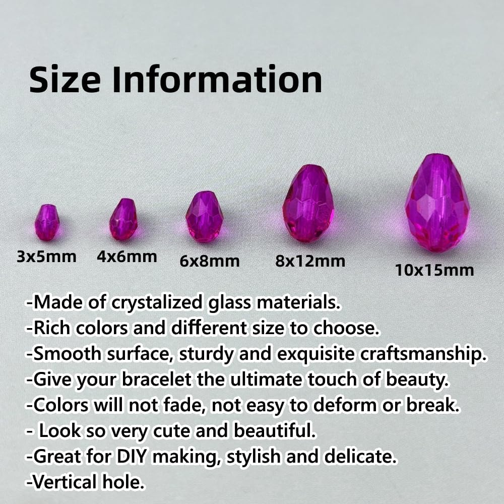 100pcs 8x12mm Teardrop Crystal Glass Beads for Jewelry Making, Faceted Vertical Hole Teardrop Glass Spacer Beads for Wind Chimes Bracelet Earring Necklace DIY Craft(Rose Red)