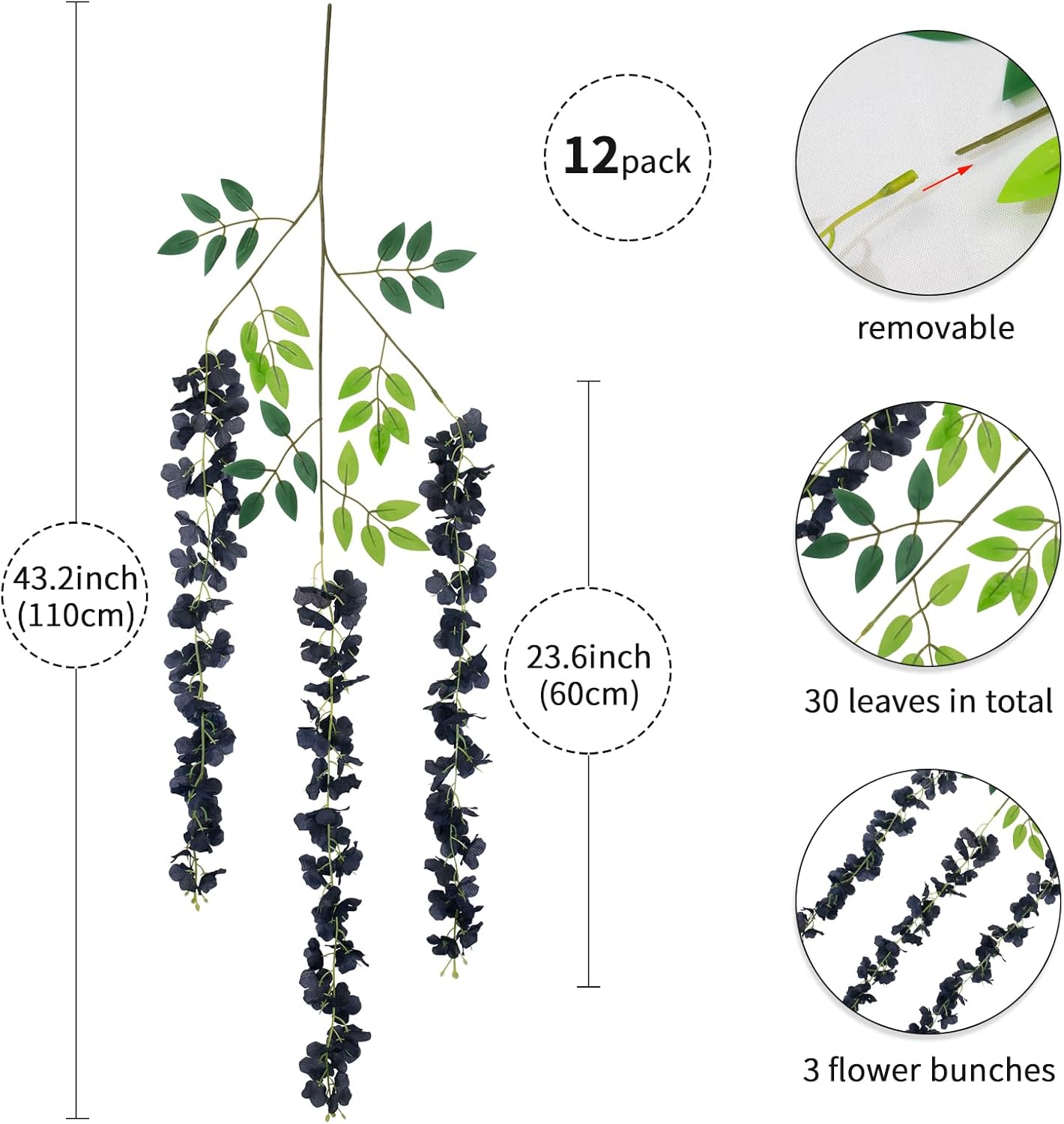 12 Pack Artificial Wisteria Hanging Flowers Fake Wisteria Flower Garland Silk Vines Rattan Decor for Home Wedding Arch Wall Garden Greenery Bedroom Outdoor Office Party Decoration (Black)