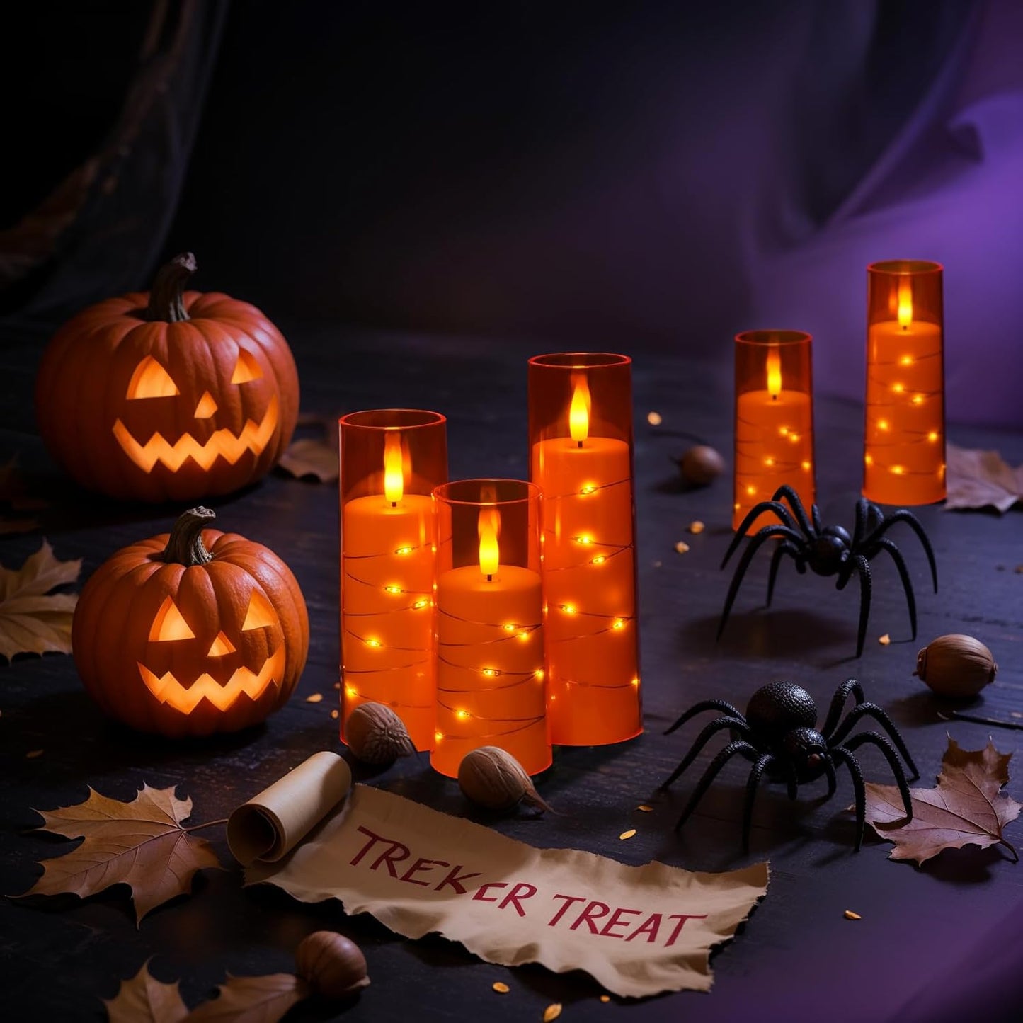 Raycare Flameless Candle with Remote Timer – 9 Flickering Acrylic Battery Operated LED Pillar Candles with Embedded Star String for Halloween, Home Decor, and as a Gift (Orange)