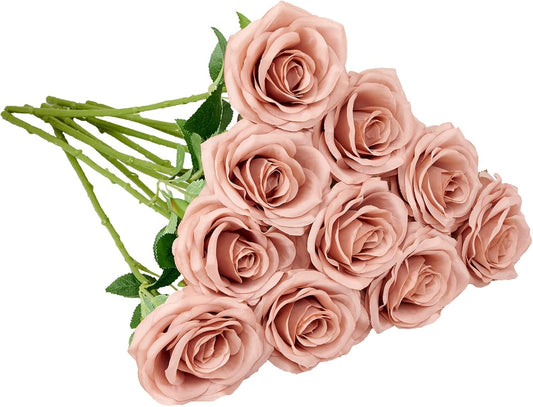 Artificial Rose 10pcs Open Flower Bouquet Faux Rose Stems for Wedding Arrangement, Bridal Bouquet, Centerpiece, Fake Faux Silk Flowers (Light Dusty Rose)