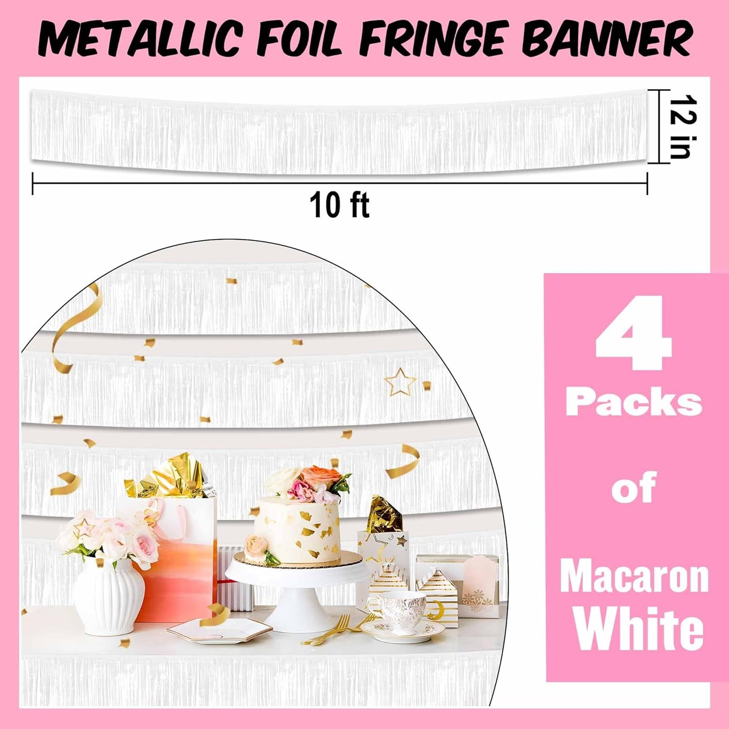 4 Pack 10 Ft Macaron White Foil Fringe Garland Metallic Streamers Tinsel Banner Wall Hanging Garland Backdrop for Parade Floats, Halloween, Christmas, Thanksgiving, New Year Party Decorations
