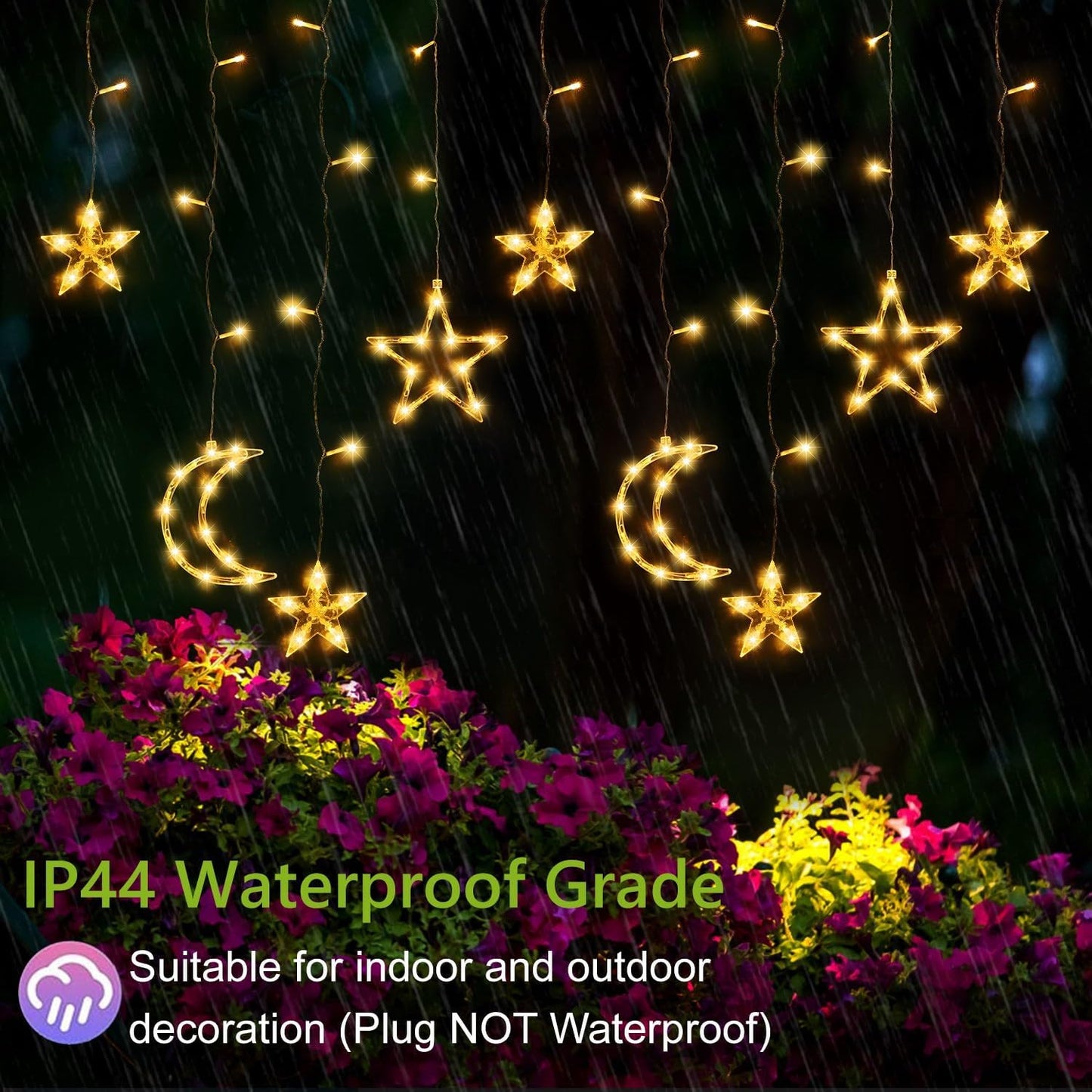 PUHONG Christmas Lights, 11.48FT Curtain String Lights with 8 Light Modes, Star Moon Indoor Outdoor Fairytale String Lights for Bedroom, Window, Wall, Home, Ramadan, Christmas Decoration - Warm White