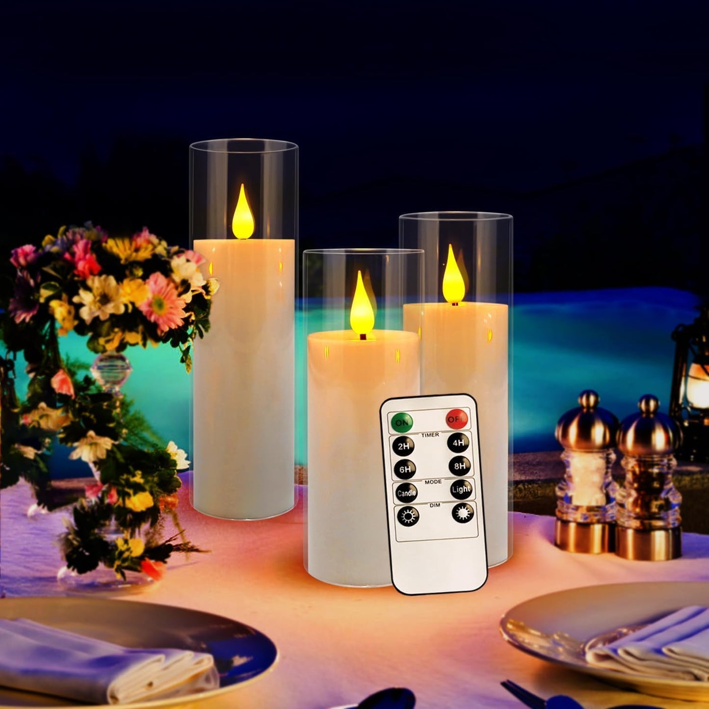 Set of 24 Flickering Flameless Candles Battery Operated with Remote and 2/4/6/8 H Timer Plexiglass Led Pillar Candles with Realistic Moving Wick Candles for Home Decor (D2.2"xH 5"6"7")(White)