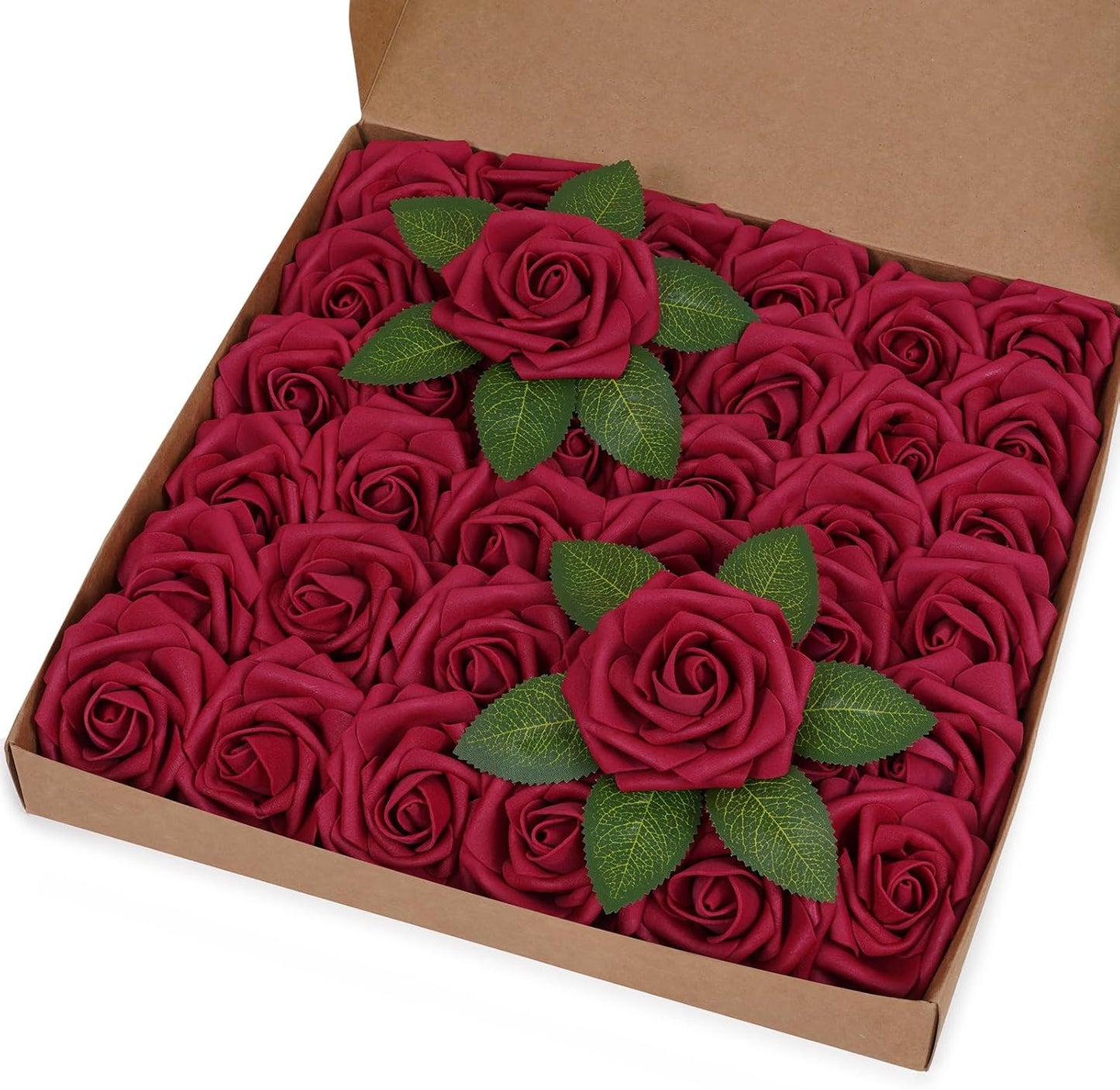 BLEUM CADE 36Pcs Artificial Flowers Fake Roses with Stems, Burgundy Boxed Foam Roses for DIY Bouquets Centerpieces Wedding Party Arrangement Bridal Shower Decor