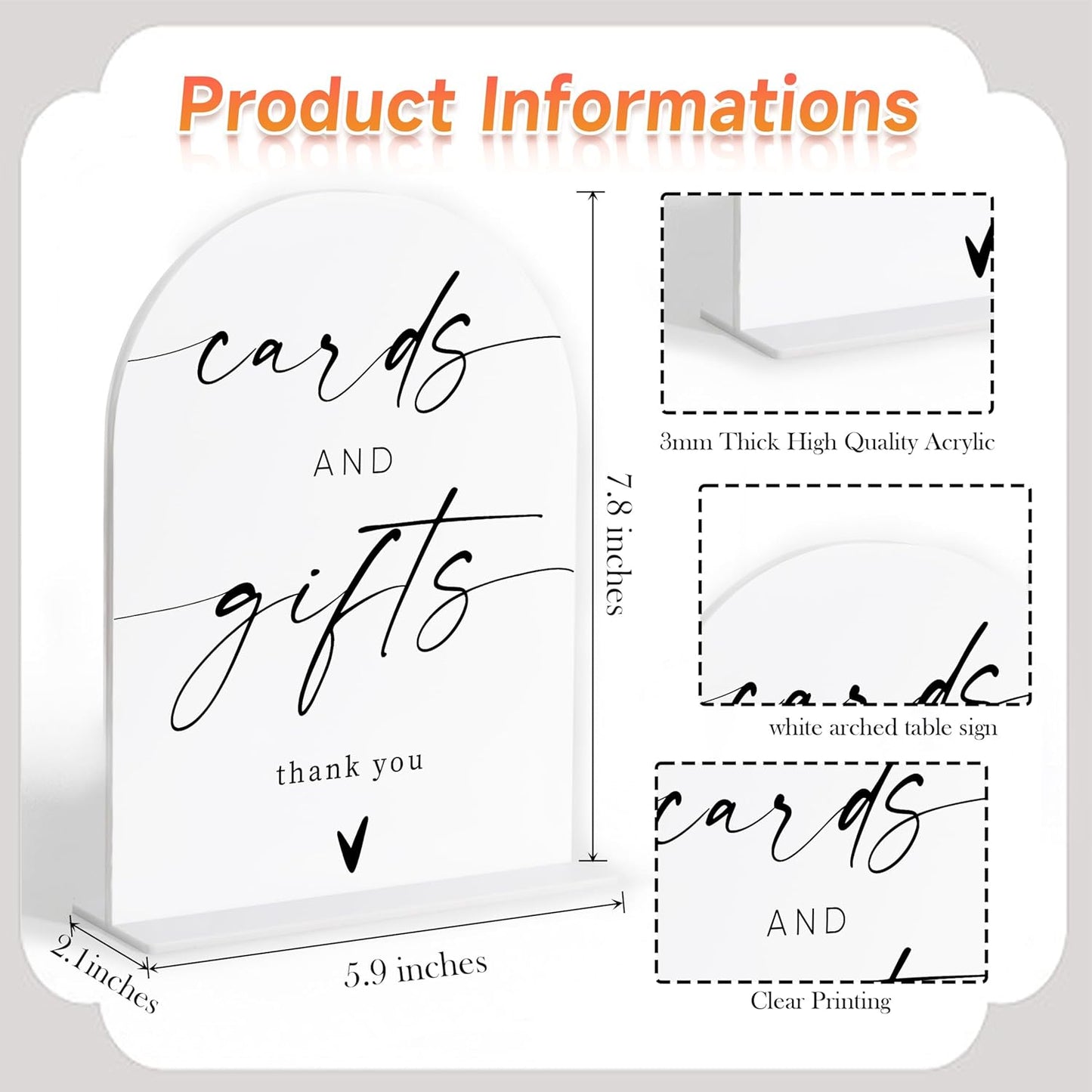 Cards and Gifts Sign, White Arch Acrylic Wedding Sign, Wedding Favors for Guests, Bridal Shower Decor, Engagement Party Decor, Centerpiece Table Decorations Party for Bride and Groom-2