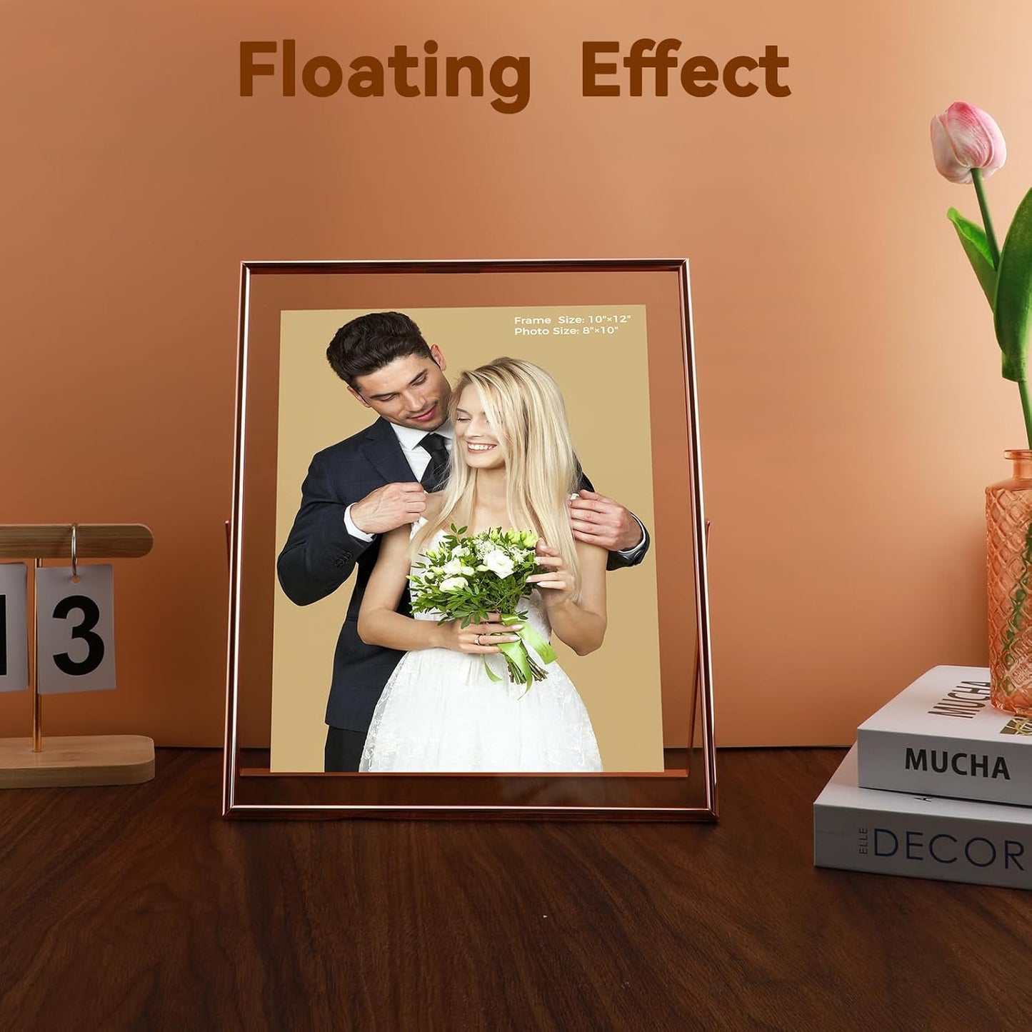Rose Gold Floating Frame, 10"x12", Vertical, For Picture 9x11, 8.5x11, 8x10, Tabletop Shelf Photo Frame, Classy Gift For Festival, Wedding, Home or Office Décor