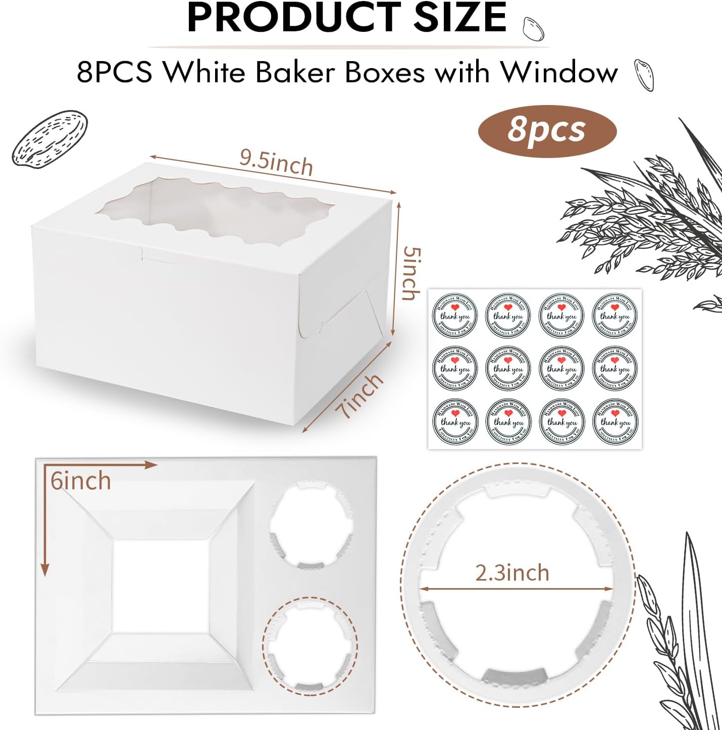 JCD 8 Packs Bento Cake and Cupcake Box 3 Holes Fit 2 Cupcakes and 1 Mini Cake Box with Clear Window and Stickers for Wedding Birthday Party Bakery Baking Supplies (1+2/8pcs)