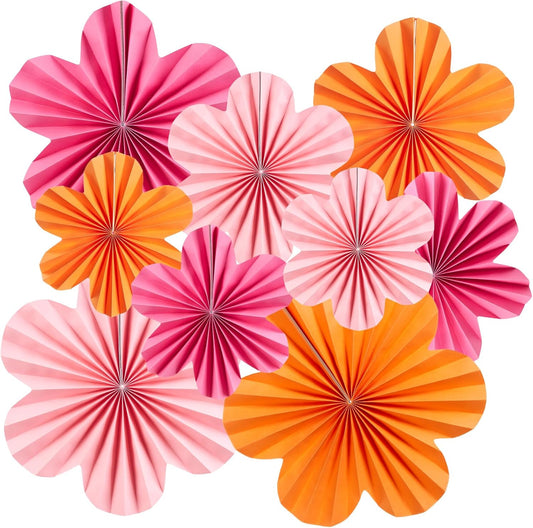 SUNBEAUTY 9 PCS Pink and Orange Party Decorations Pink Party Decorations Paper Fans Party Decorations Sunset Party Decorations Flower Party Decorations Paper Flowers Decorations for Wall