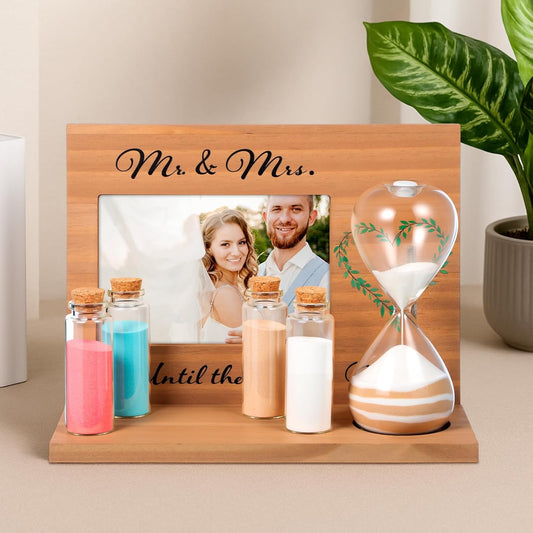 Blosssound Wedding Sand Ceremony Set Wooden Photo Frame, Hourglass Funnel, Sand, Glass Bottles, Mr and Mrs Until The End of Time Unity Kit for Weddings Ceremony Party Supplies(Nature)
