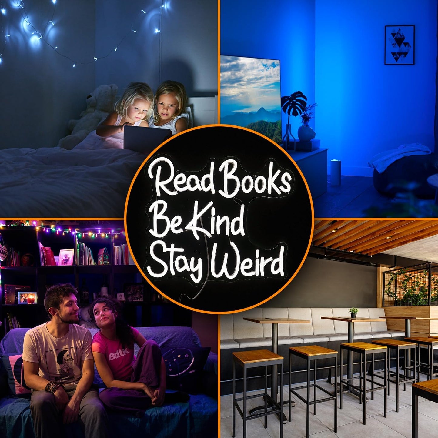 Read Books Be Kind Stay Weird Neon Sign Letter LED White Neon Lights Dimmable USB Powered 14.17’’X13’’Cool Wall Decorative Light Bedroom Bar Birthday Party Decoration Gifts （White)