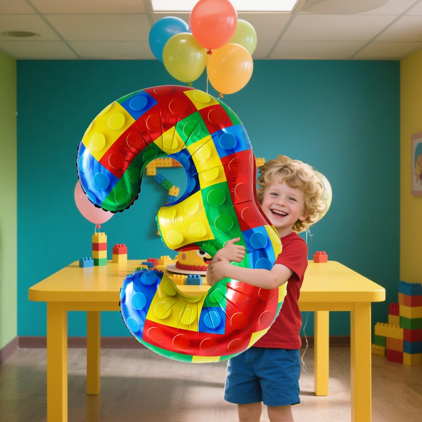 32 Inch Stackable Block Number 3 Balloon – Colorful Brick Building Themed Big Helium Digits for Kids Birthday Party Decorations (Building Block, Number 3)