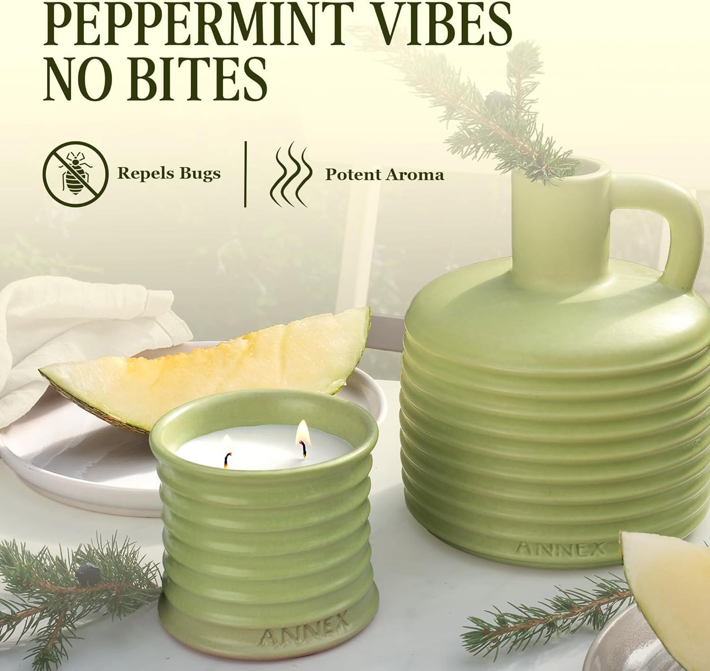 Scented Luxury Candles Outdoor Mosquito Bug Repellent Ceramic Jars, Soy Wax | The Green Life, Large Natural Candle - Green Melon & Peppermint | Non Toxic, 2 Wicks, Reusable Jar