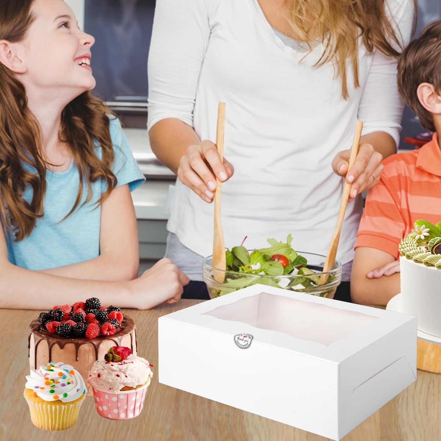 JCD 9 Holes Fit 8 Cupcakes and 1 Mini Cake Box Combo,8 sets of Cake Boxes, Pastry Sweets Bento Box, Cupcake Combo Box with Stickers(1+8/8pcs)