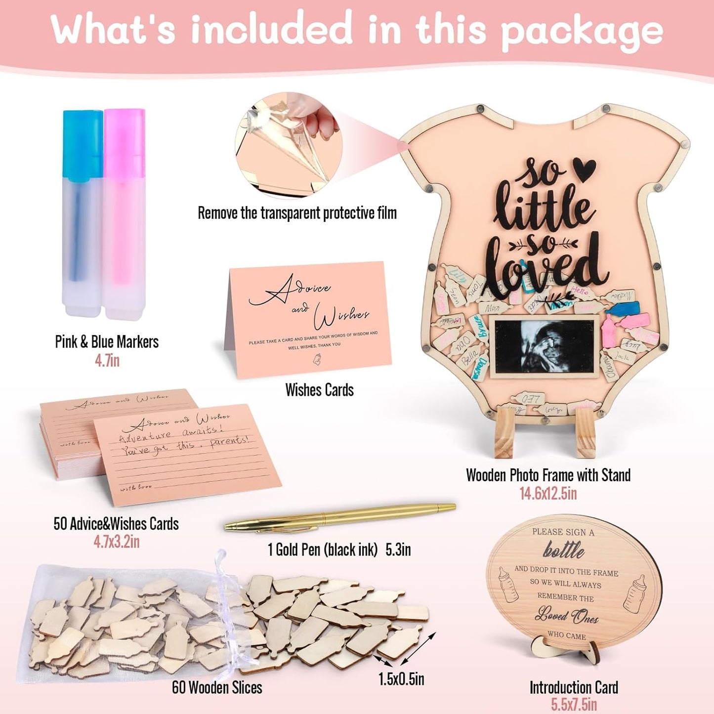 60Pcs Baby Shower Guest Book - Cute Onesie Shaped Baby in Bloom Baby Shower Guest Book Alternatives with Sonogram Frame Advice & Wishes Cards for Keepsake, Birthday, Gender Reveal (Baby in Bloom)