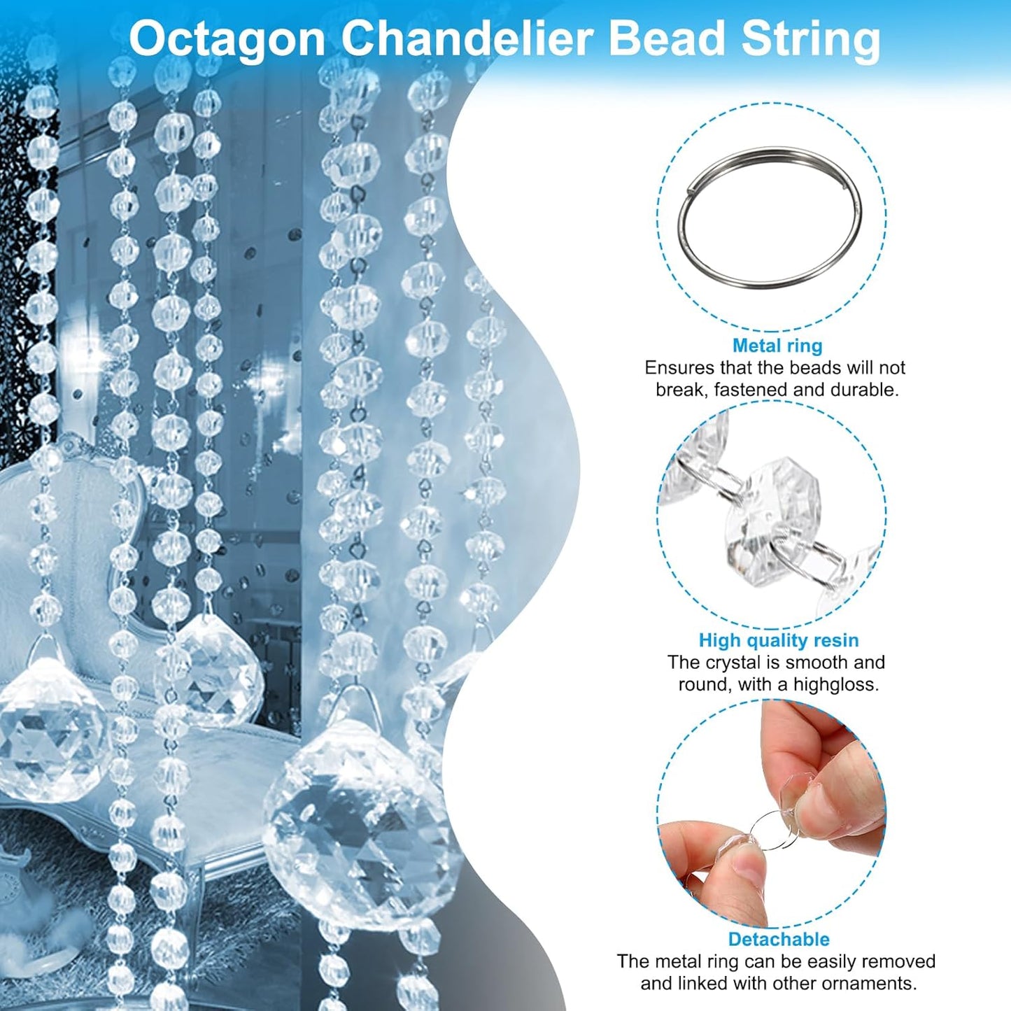 PATIKIL 14 mm Crystal Garland Strands, 32.8 Ft Acrylic Octagon Chandelier Bead Chains String for DIY Craft Wedding Party Home Decorative Jewelry Making, Clear