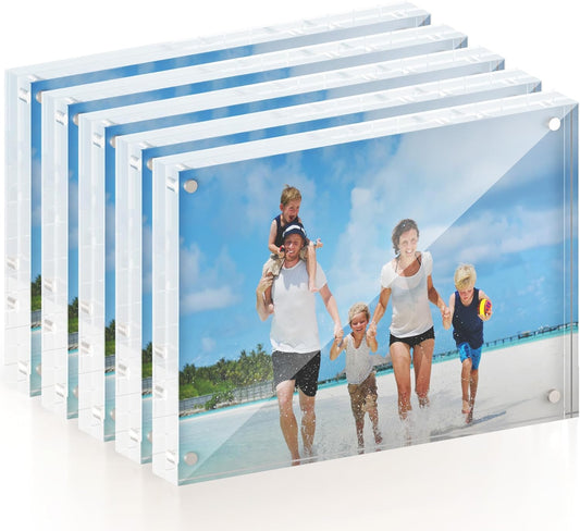 5x7 Acrylic Picture Frame 5 Pack, 20mm Thick Magnetic Double Sided Display 20% Thicker- Frameless Clear Transparent Photo Frame for Desktop/Tabletop, Self Standing with Microfiber Cloth