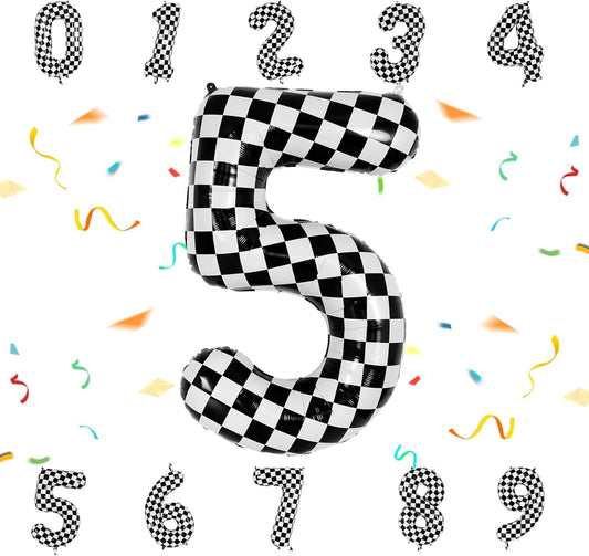 40 Inch Checkered Number Balloon - Race Flag Pattern Big Helium Balloon for Birthday Party Decorations - Black & White Balloon for Kids Adults Party Supplies (Racing Car, Number 5)