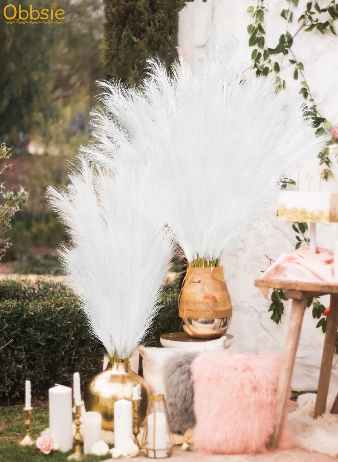 35" Faux Pampas Grass Decor, 8pcs Large Tall Fluffy Artificial Pompous Grass Branches Floral Fake Pompas Grass Bulrush Floor Vase Filler Flower Arrangement for Home Wedding Boho Decor-White