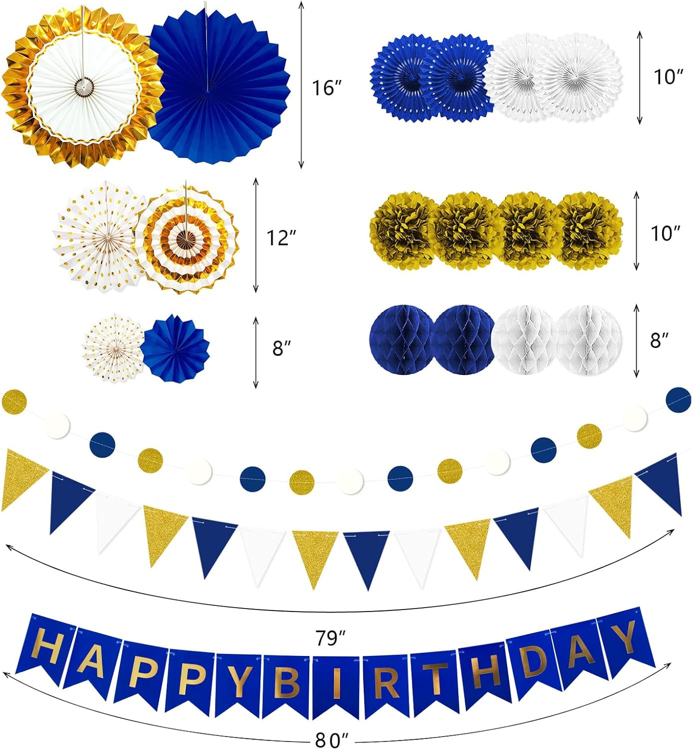 Navy Blue and Gold Happy Birthday Party Decoration 24Pcs Hanging Paper Fans, Pom Poms Flowers Garland String Polka Dot Triangle Bunting Flag Pack Happy Birthday Banner for Boy Birthday Baby Shower